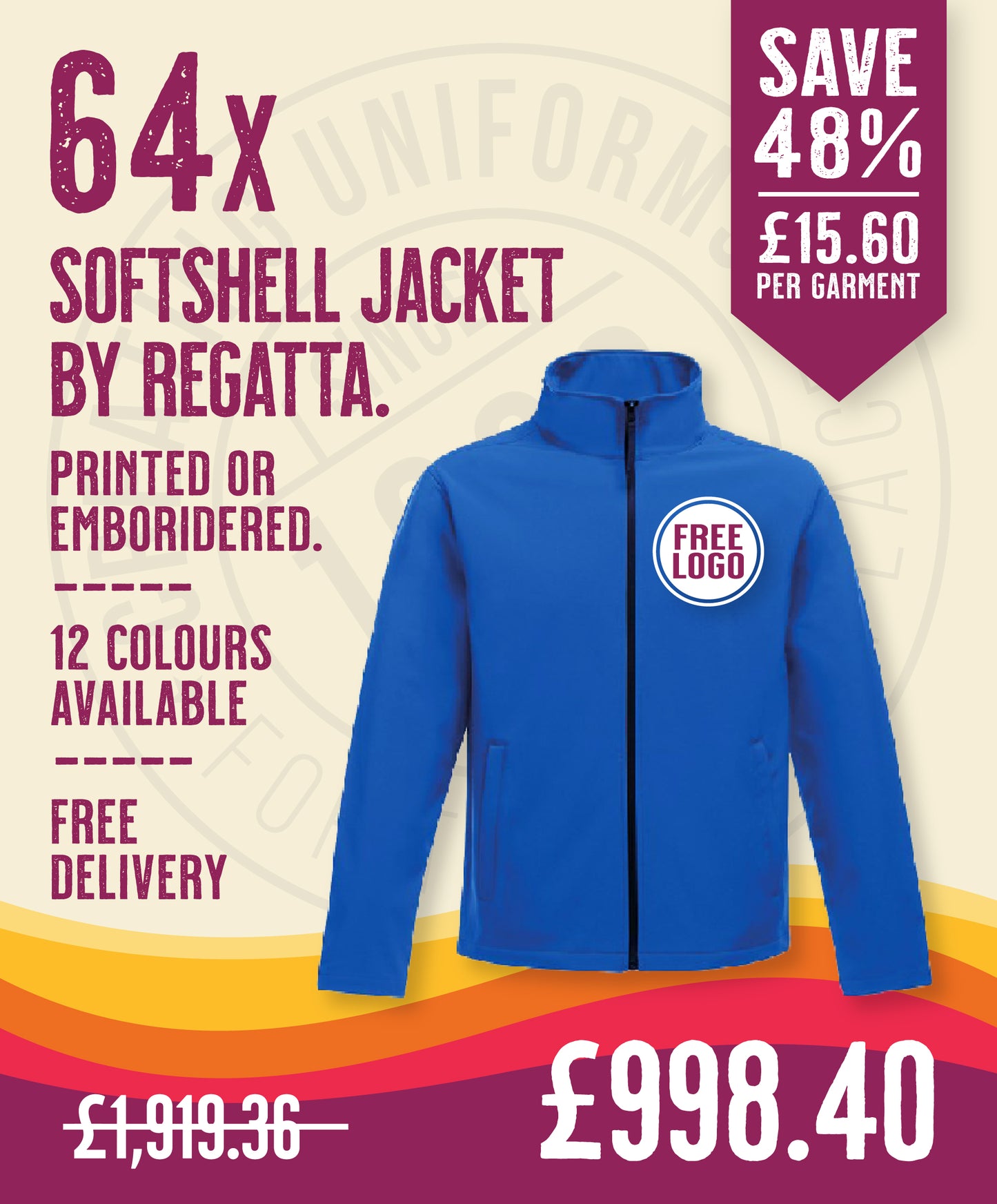 64 x Softshell Jackets by Regatta in New Royal Blue Black by Print Lab Deals — Custom branded clothing by Print Press, featuring premium embroidery produced in our specialist print lab in the UK.