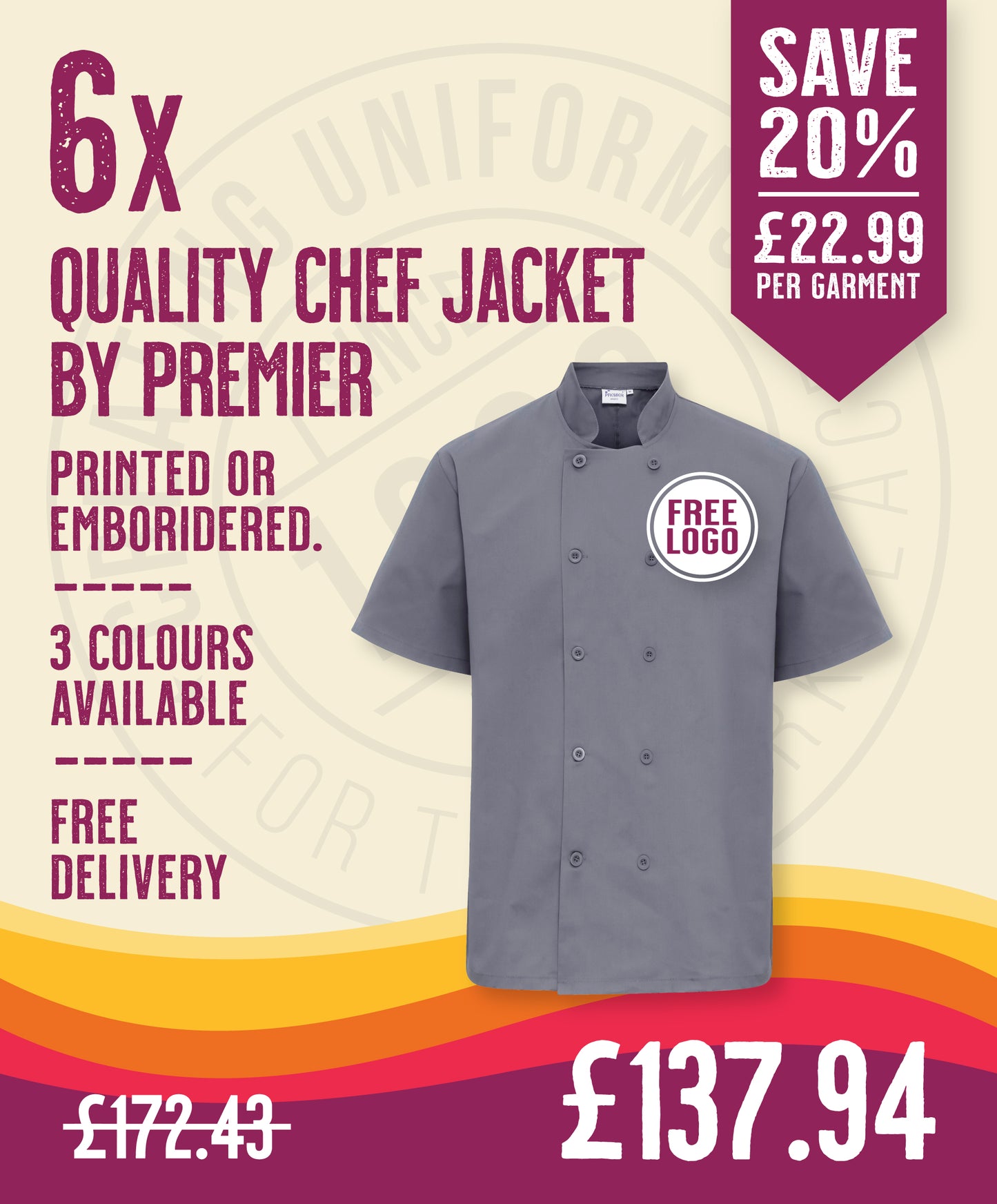 6 x Quality Short Sleeved Chef Jackets by Premier in Steel by Print Lab Deals — Custom branded clothing by Print Press, featuring premium embroidery produced in our specialist print lab in the UK.