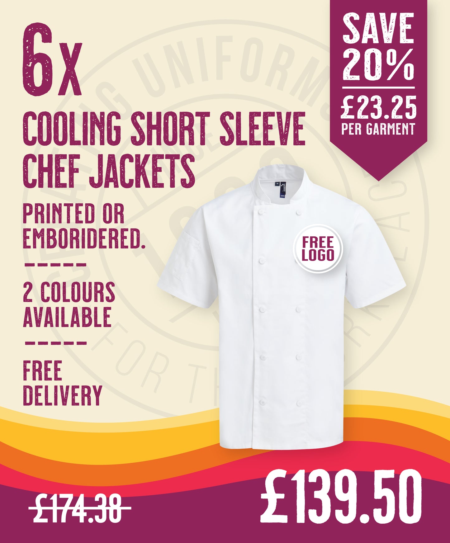 6 x Cooling Short Sleeve Chef Jackets by Premier in White by Print Lab Deals — Custom branded clothing by Print Press, featuring premium embroidery produced in our specialist print lab in the UK.
