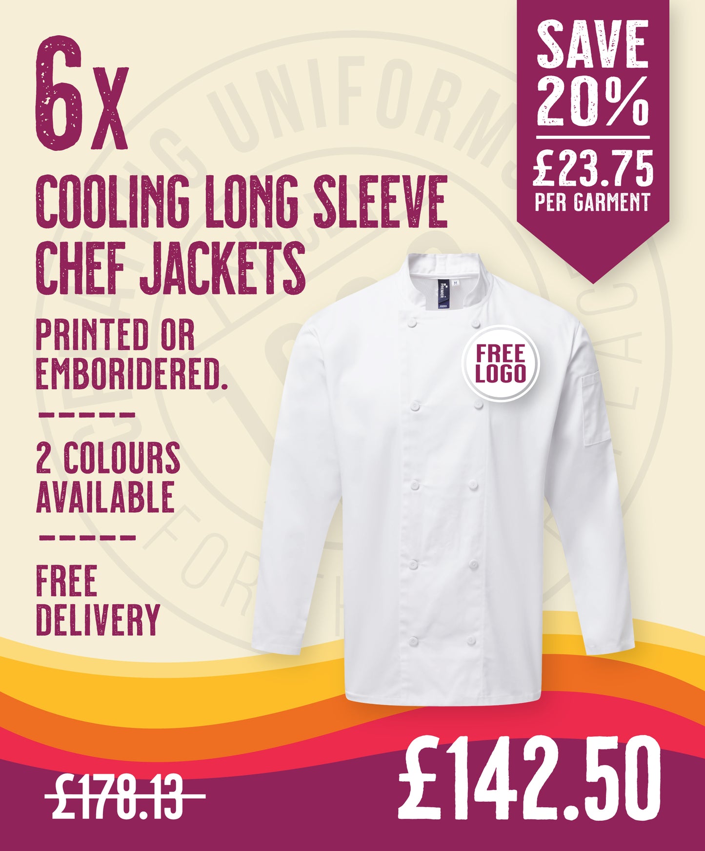 6 x Cooling Long Sleeve Chef Jackets by Premier in White by Print Lab Deals — Custom branded clothing by Print Press, featuring premium embroidery produced in our specialist print lab in the UK.