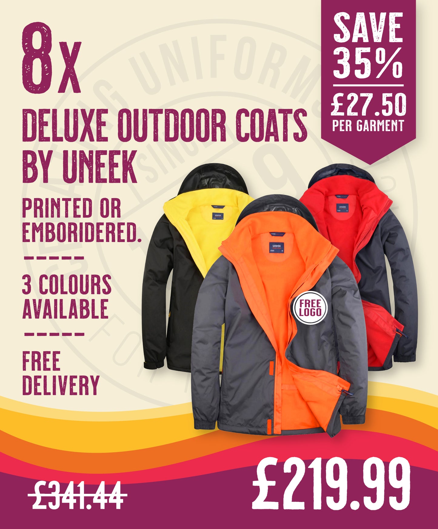 8 x Deluxe Outdoor Coats by Uneek in Deep Grey Fiery Orange by Print Lab Deals — Custom branded clothing by Print Press, featuring premium embroidery produced in our specialist print lab in the UK.