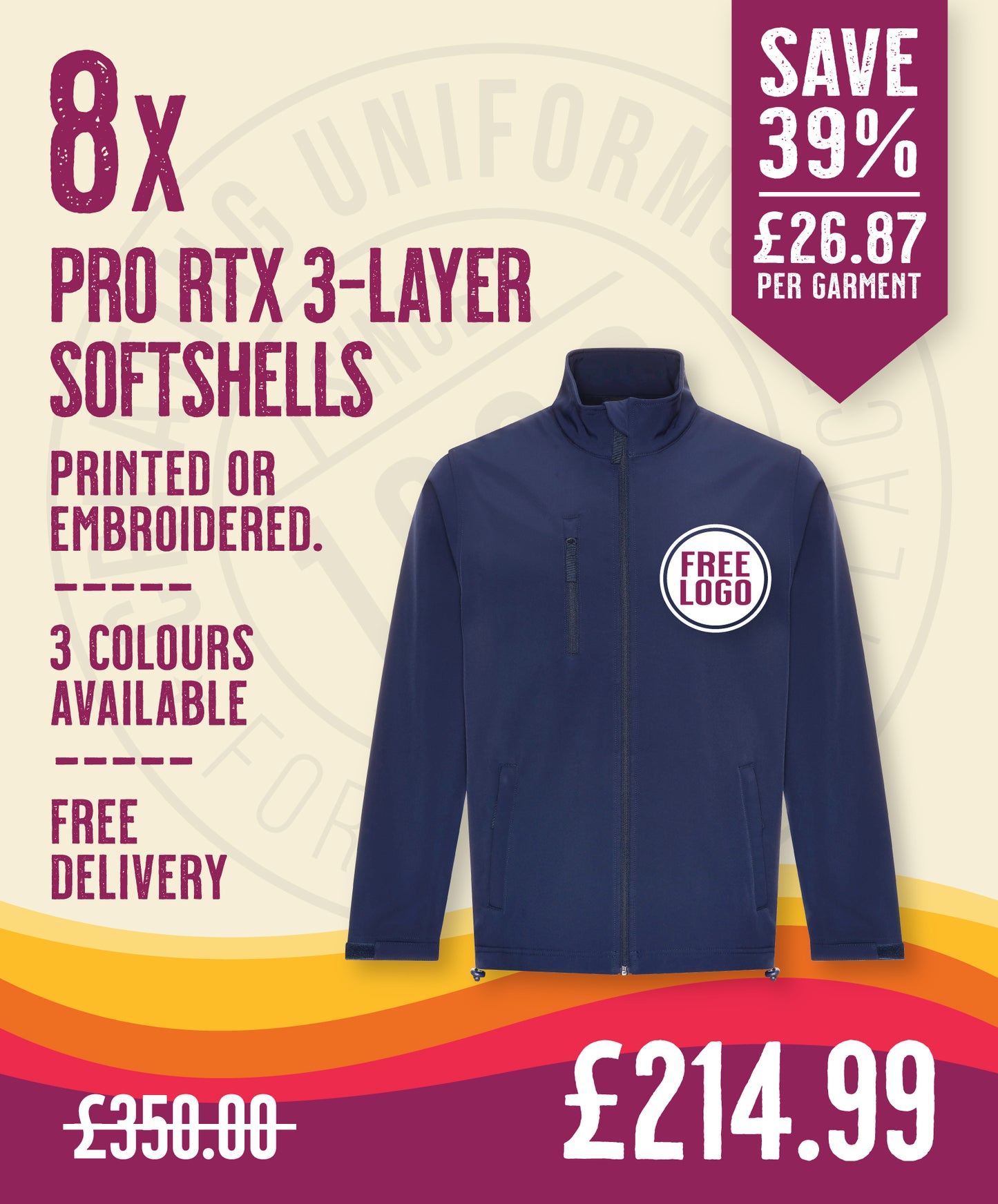 8 x Pro RTX 3-Layer Softshell Jackets in Navy by Print Lab Deals — Custom branded clothing by Print Press, featuring premium embroidery produced in our specialist print lab in the UK.