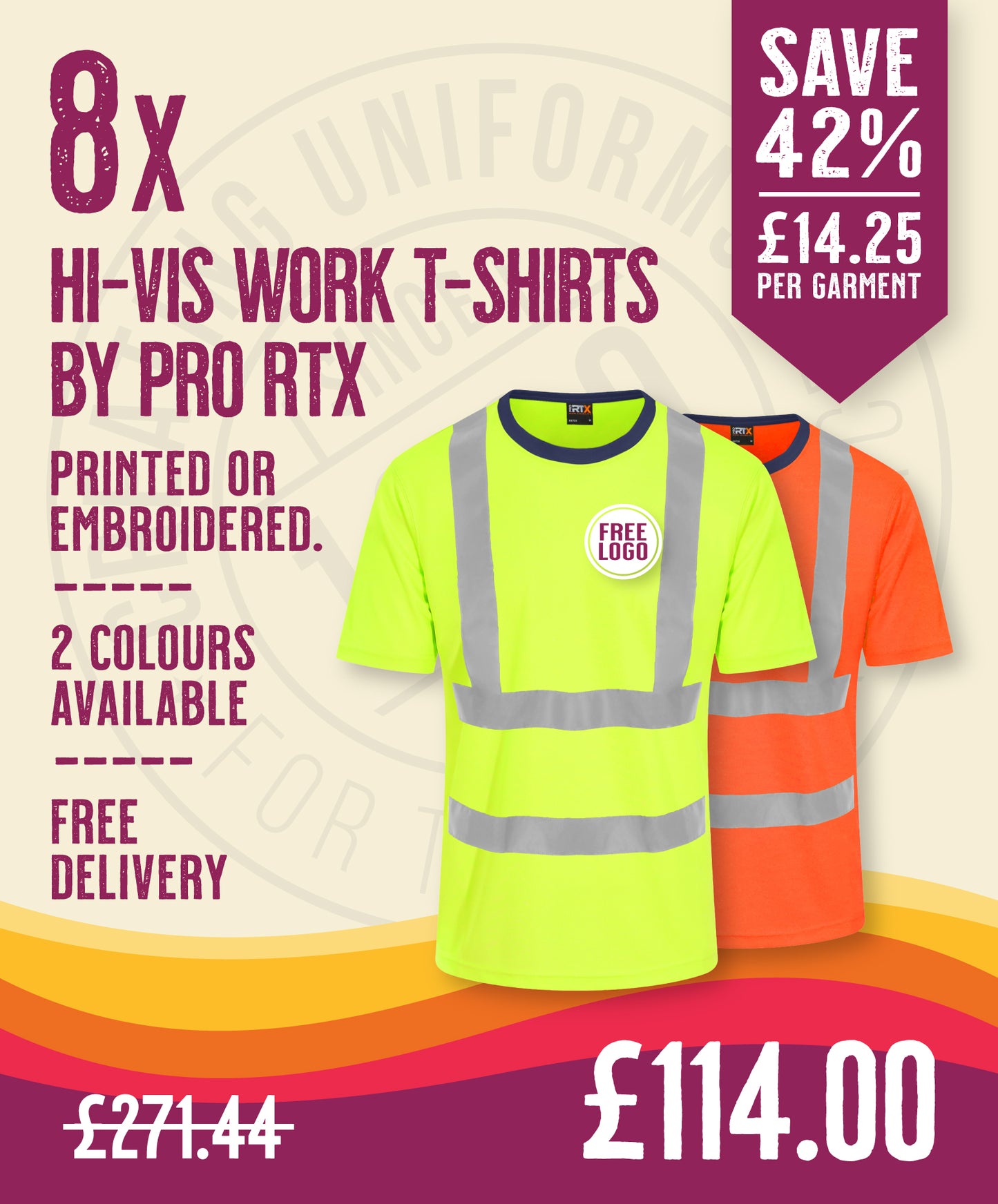 8 x Hi-Vis Work T-Shirts by Pro RTX in Yellow by Print Lab Deals — Custom branded clothing by Print Press, featuring premium embroidery produced in our specialist print lab in the UK.