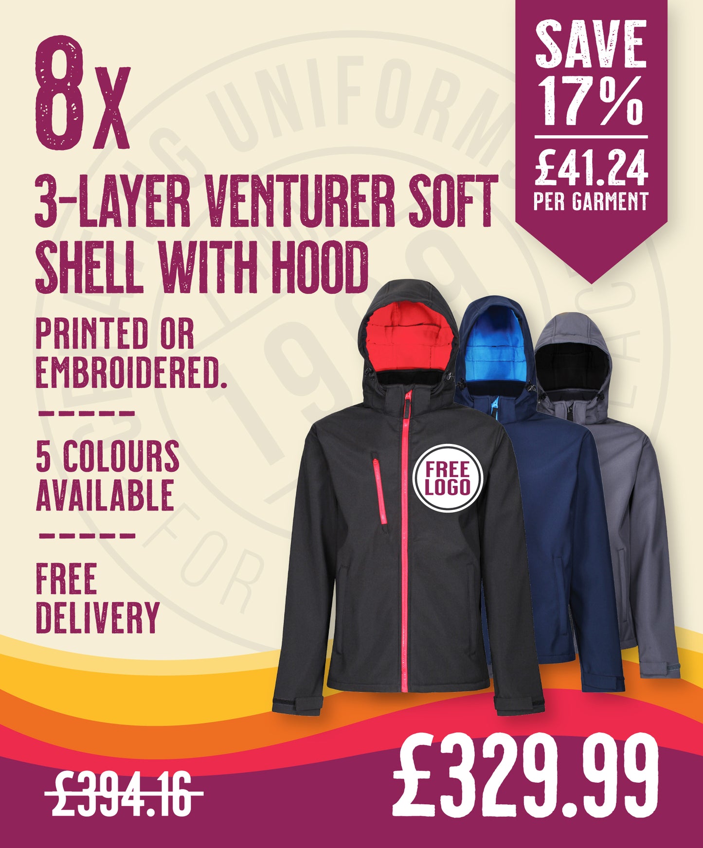 8 x Venturer 3-Layer Hooded Softshells by Regatta in Black Red by Print Lab Deals — Custom branded clothing by Print Press, featuring premium embroidery produced in our specialist print lab in the UK.