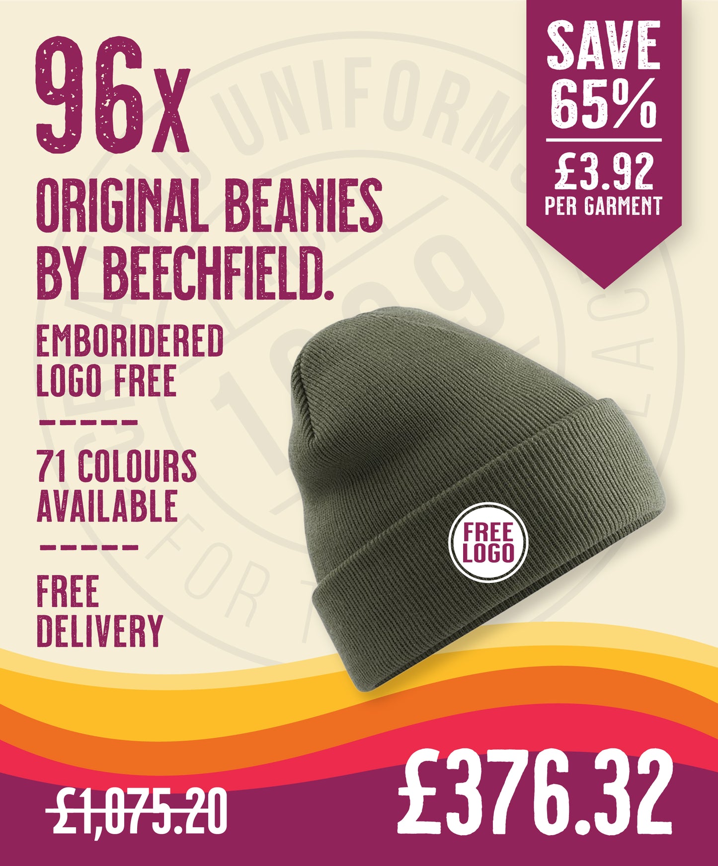 96 x Original Beanies by Beechfield in by Print Lab Deals — Custom branded clothing by Print Press, featuring premium embroidery produced in our specialist print lab in the UK.