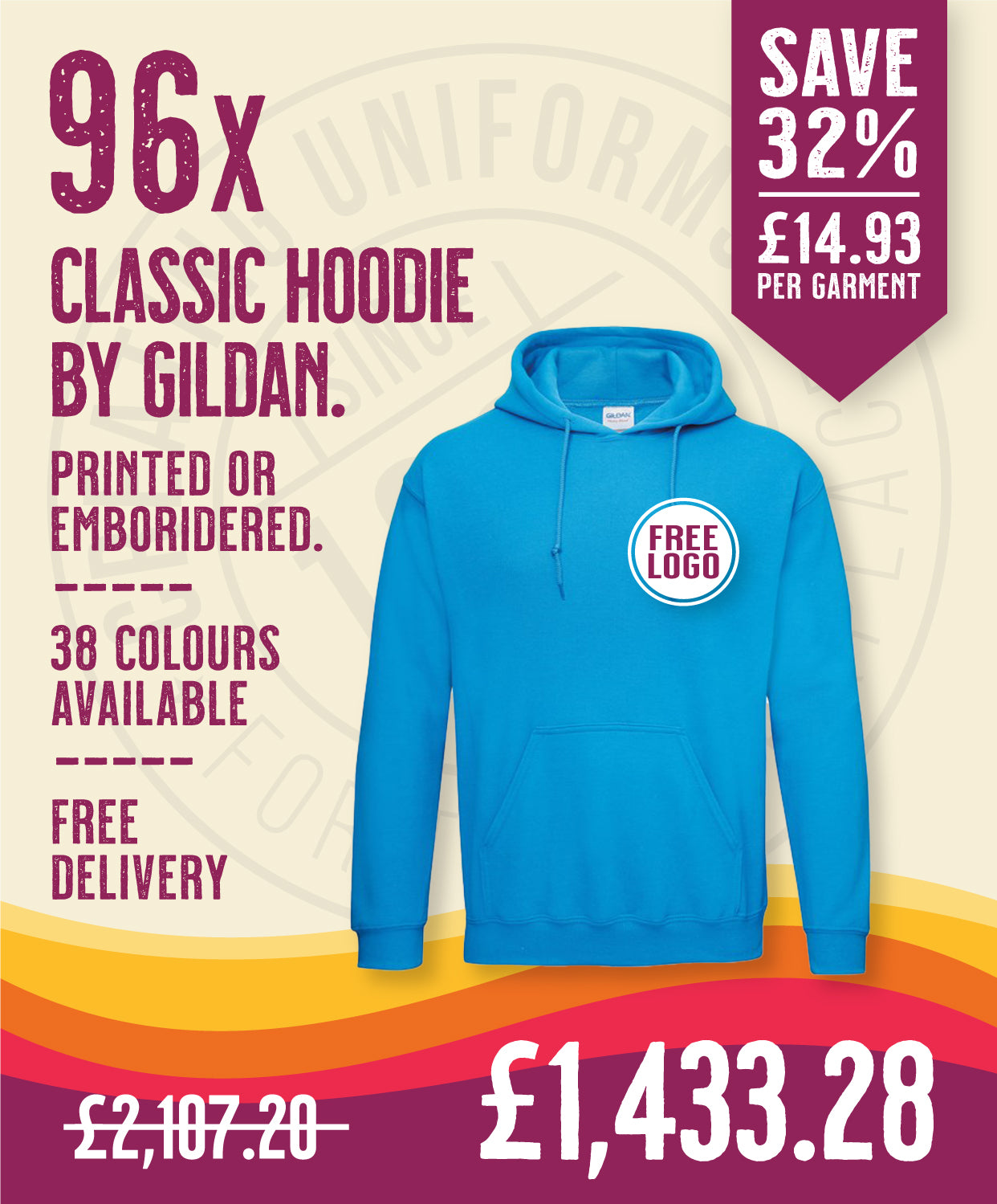 96 x Classic Hoodies by Gildan in Sapphire by Print Lab Deals — Custom branded clothing by Print Press, featuring premium embroidery produced in our specialist print lab in the UK.