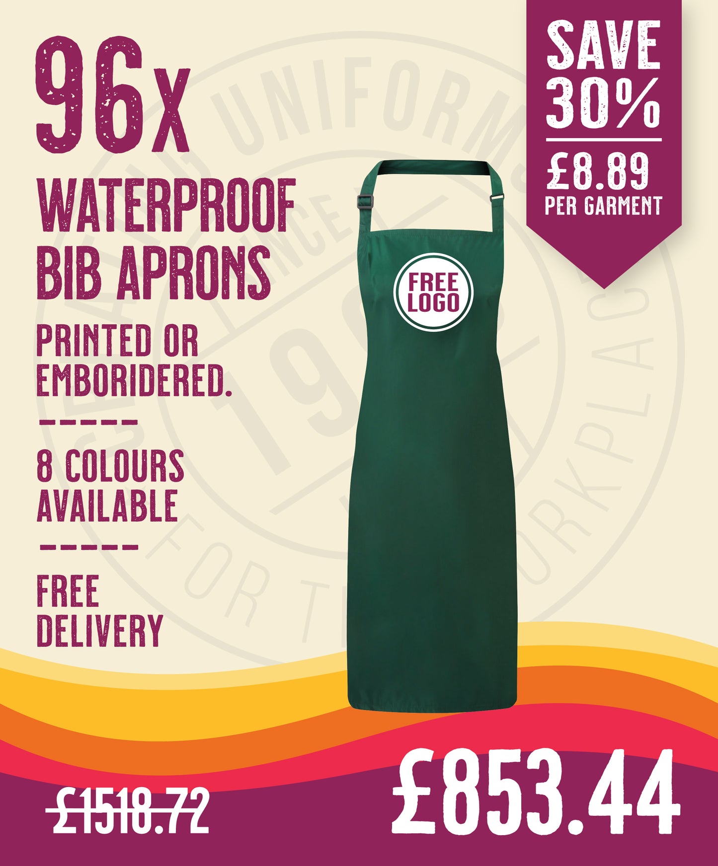 96 x Waterproof Bib Aprons by Premier in by Print Lab Deals — Custom branded clothing by Print Press, featuring premium embroidery produced in our specialist print lab in the UK.