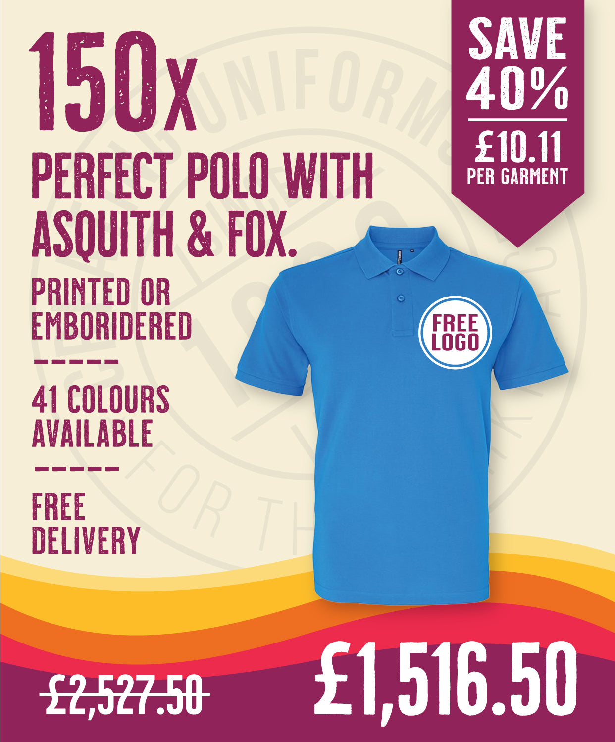 150 x Perfect Polos by Asquith & Fox in Sapphire by Print Lab Deals — Custom branded clothing by Print Press, featuring premium embroidery produced in our specialist print lab in the UK.