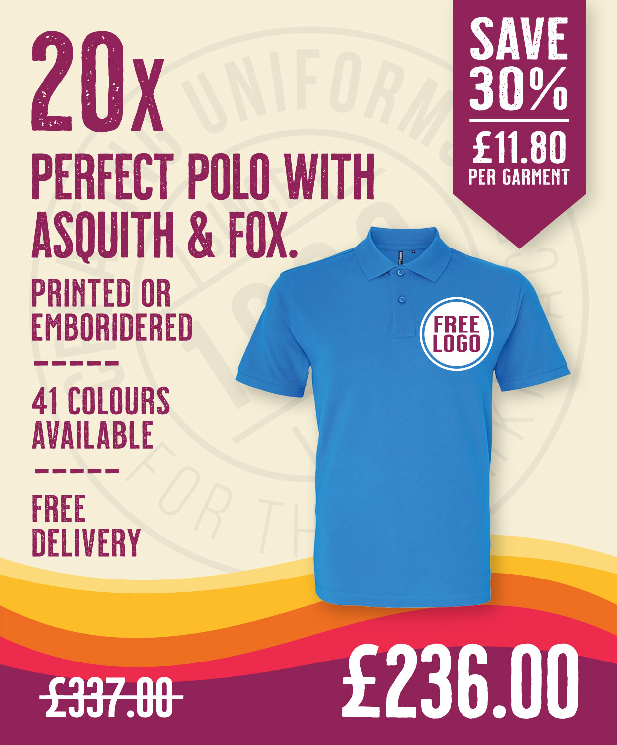 20 x Perfect Polos by Asquith & Fox in Sapphire by Print Lab Deals — Custom branded clothing by Print Press, featuring premium embroidery produced in our specialist print lab in the UK.