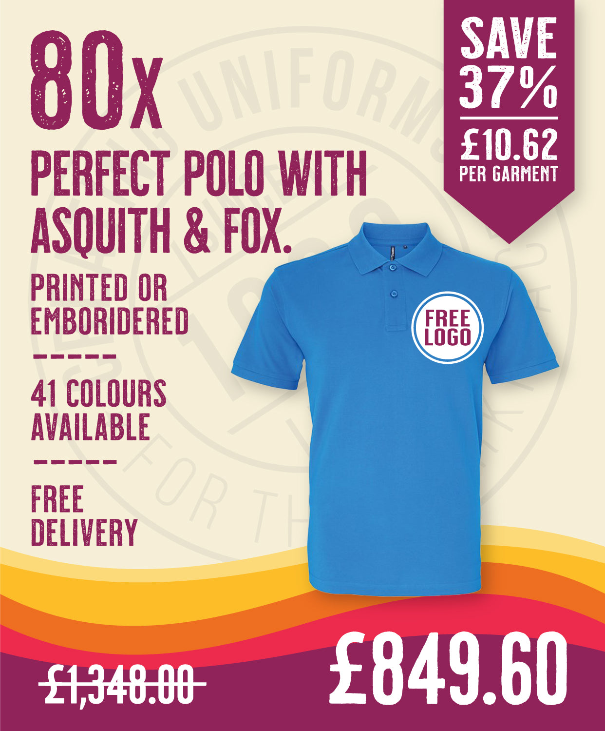 80 x Perfect Polos by Asquith & Fox in Sapphire by Print Lab Deals — Custom branded clothing by Print Press, featuring premium embroidery produced in our specialist print lab in the UK.