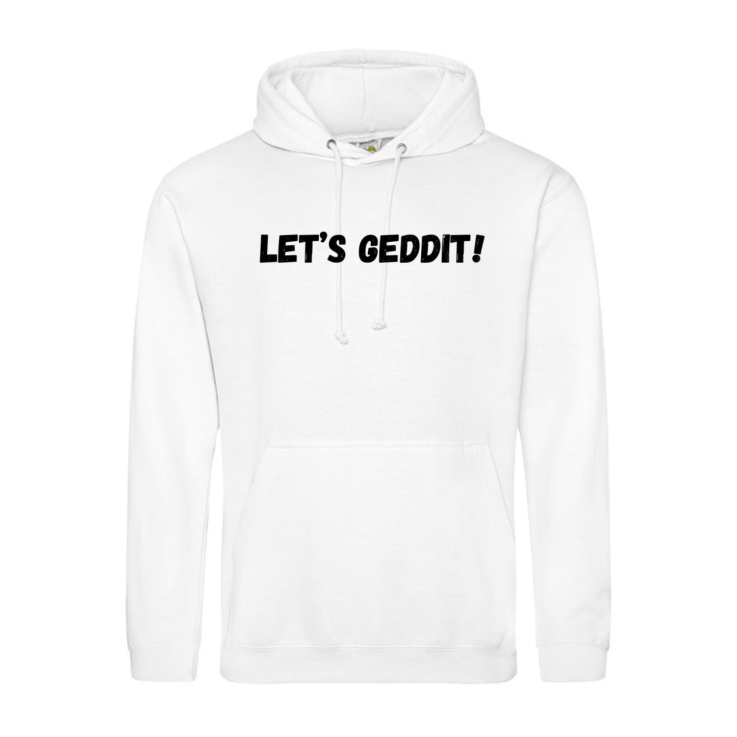 IBH Hoodie - Black Print (£46.40 inc VAT) in LET'S GEDDIT! Arctic White by printlab.clothing — Custom branded clothing by Print Press, featuring premium embroidery produced in our specialist print lab in the UK.