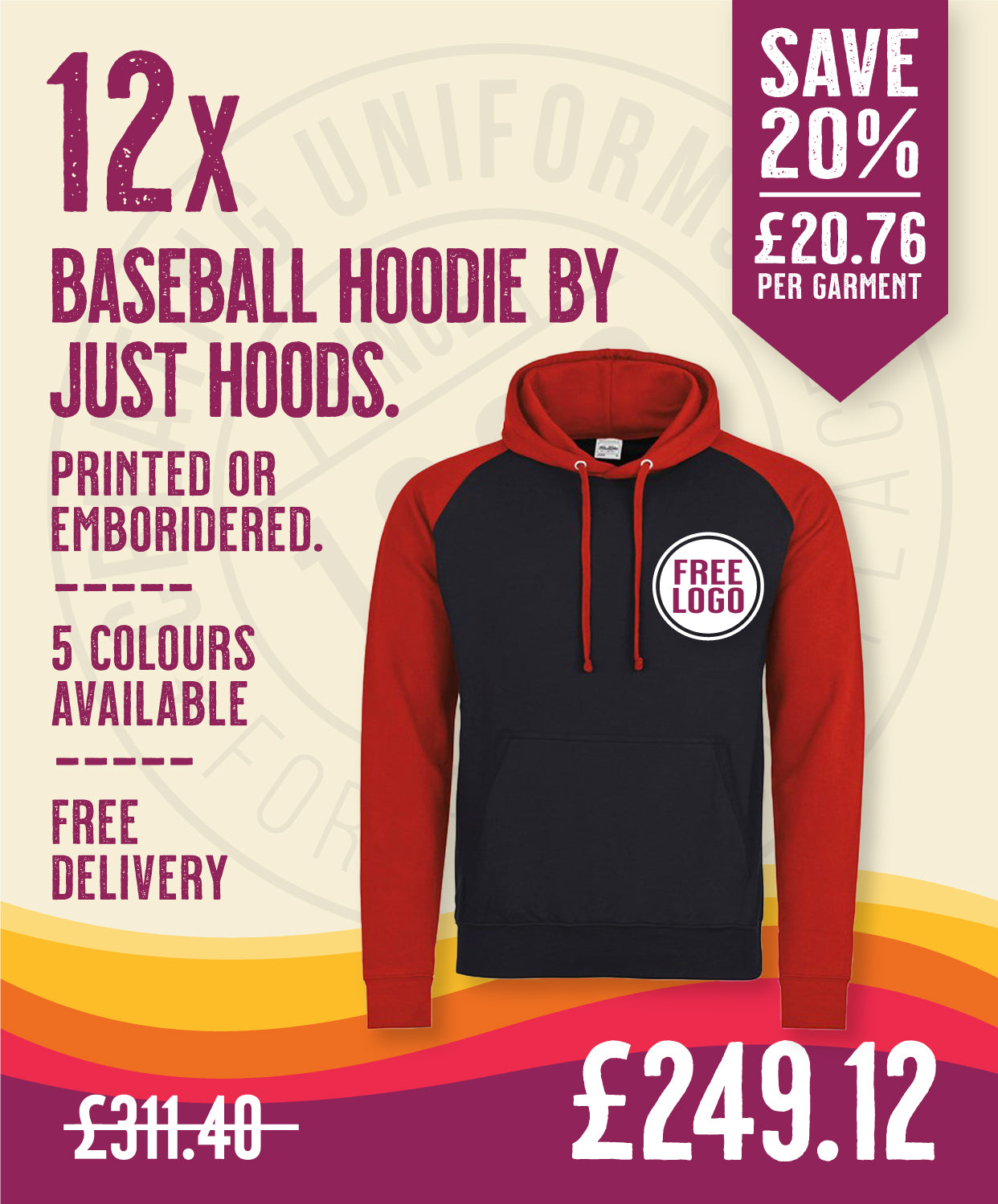 12 x Baseball Hoodies by Just Hoods in Jet Black Fire Red by Print Lab Deals — Custom branded clothing by Print Press, featuring premium embroidery produced in our specialist print lab in the UK.