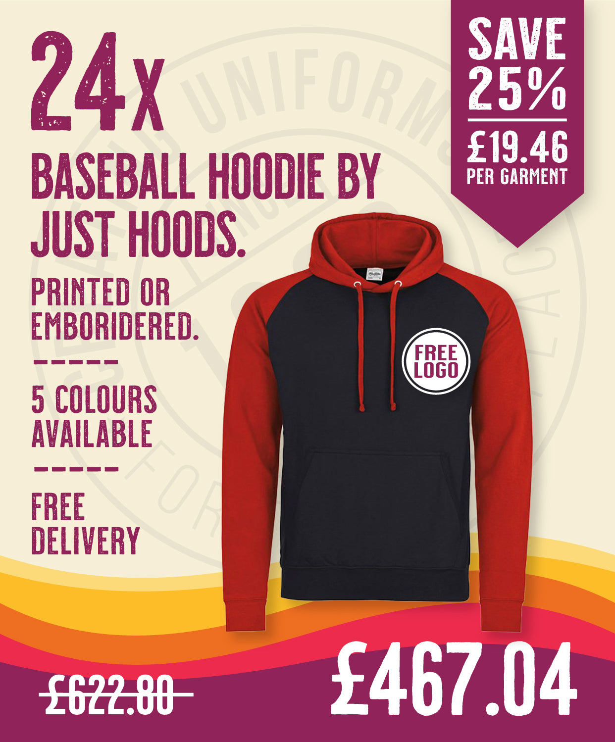 24 x Baseball Hoodies by Just Hoods in Jet Black Fire Red by Print Lab Deals — Custom branded clothing by Print Press, featuring premium embroidery produced in our specialist print lab in the UK.