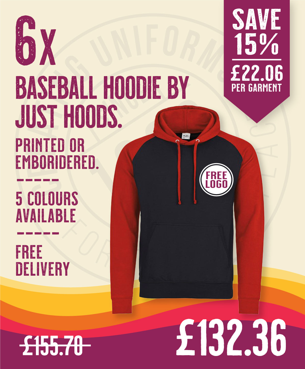 6 x Baseball Hoodies by Just Hoods in Jet Black Fire Red by Print Lab Deals — Custom branded clothing by Print Press, featuring premium embroidery produced in our specialist print lab in the UK.