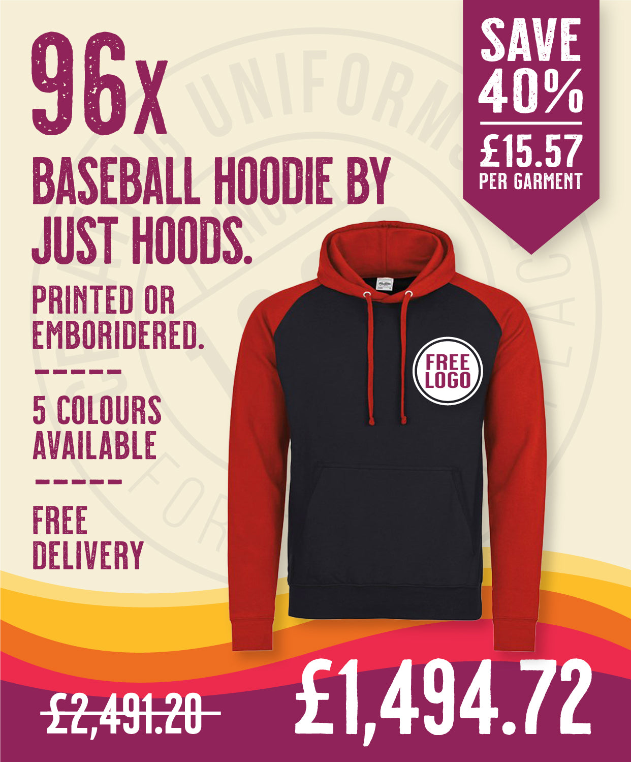 96 x Baseball Hoodies by Just Hoods in Jet Black Fire Red by Print Lab Deals — Custom branded clothing by Print Press, featuring premium embroidery produced in our specialist print lab in the UK.