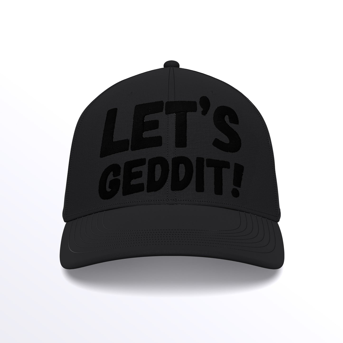 LET'S GEDDIT! Trucker Cap - Embroidered (£29.40 inc VAT) in Black Thread - Black Black Cap by printlab.clothing — Custom branded clothing by Print Press, featuring premium embroidery produced in our specialist print lab in the UK.