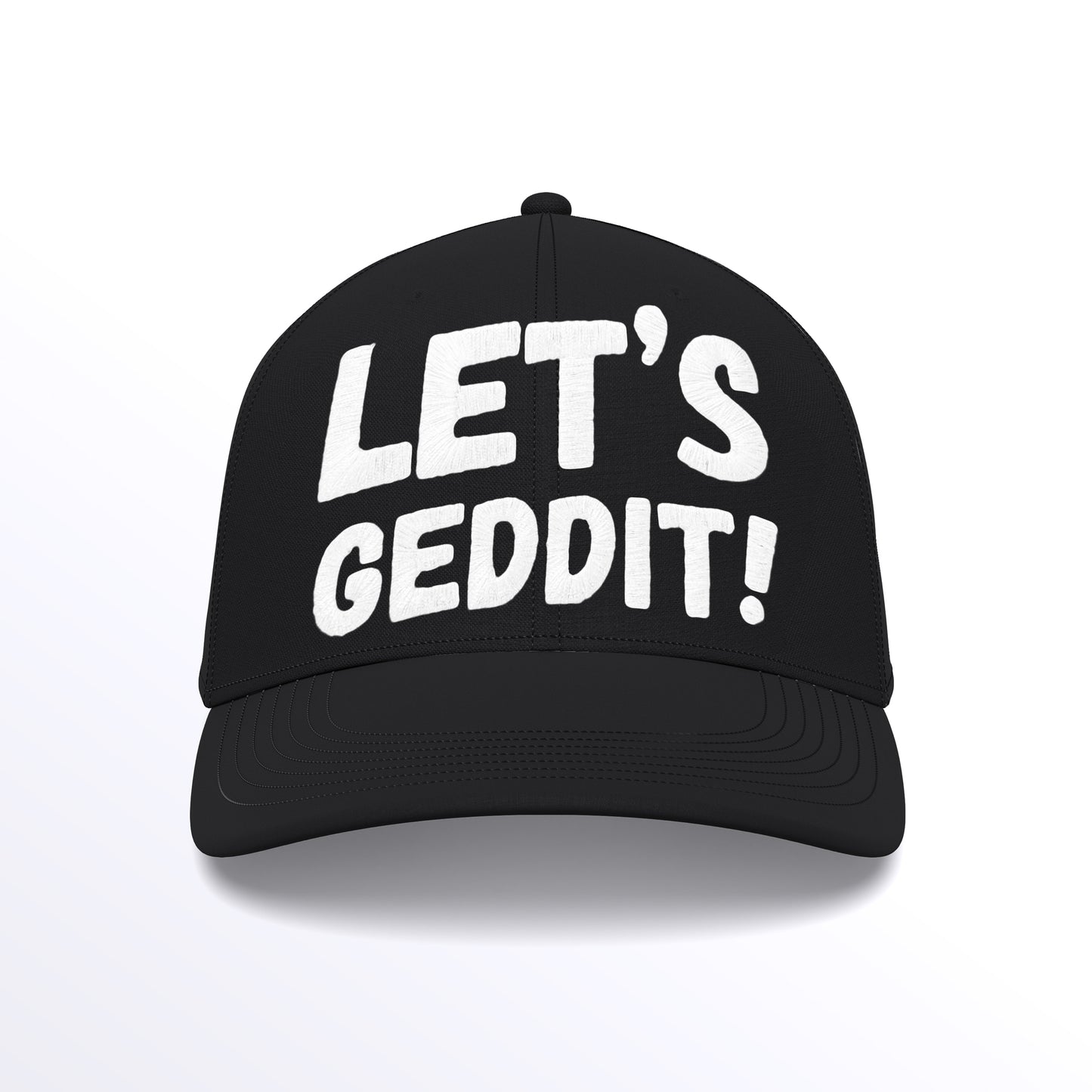 LET'S GEDDIT! Trucker Cap - Embroidered (£29.40 inc VAT) in White Thread - Black Black Cap by printlab.clothing — Custom branded clothing by Print Press, featuring premium embroidery produced in our specialist print lab in the UK.