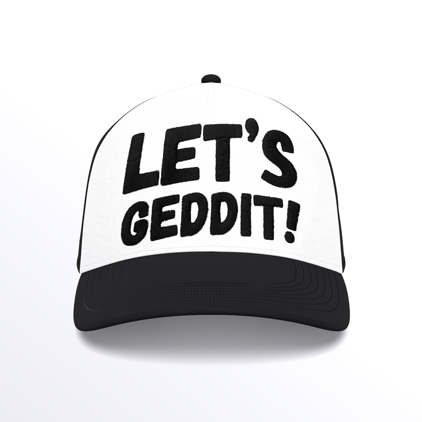LET'S GEDDIT! Trucker Cap - Embroidered (£29.40 inc VAT) in Black Thread - Black White Cap by printlab.clothing — Custom branded clothing by Print Press, featuring premium embroidery produced in our specialist print lab in the UK.
