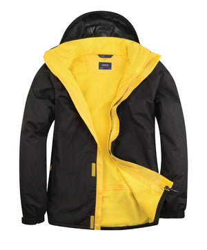 16 x Deluxe Outdoor Coats by Uneek in Black Submarine Yellow by Print Lab Deals — Custom branded clothing by Print Press, featuring premium embroidery produced in our specialist print lab in the UK.