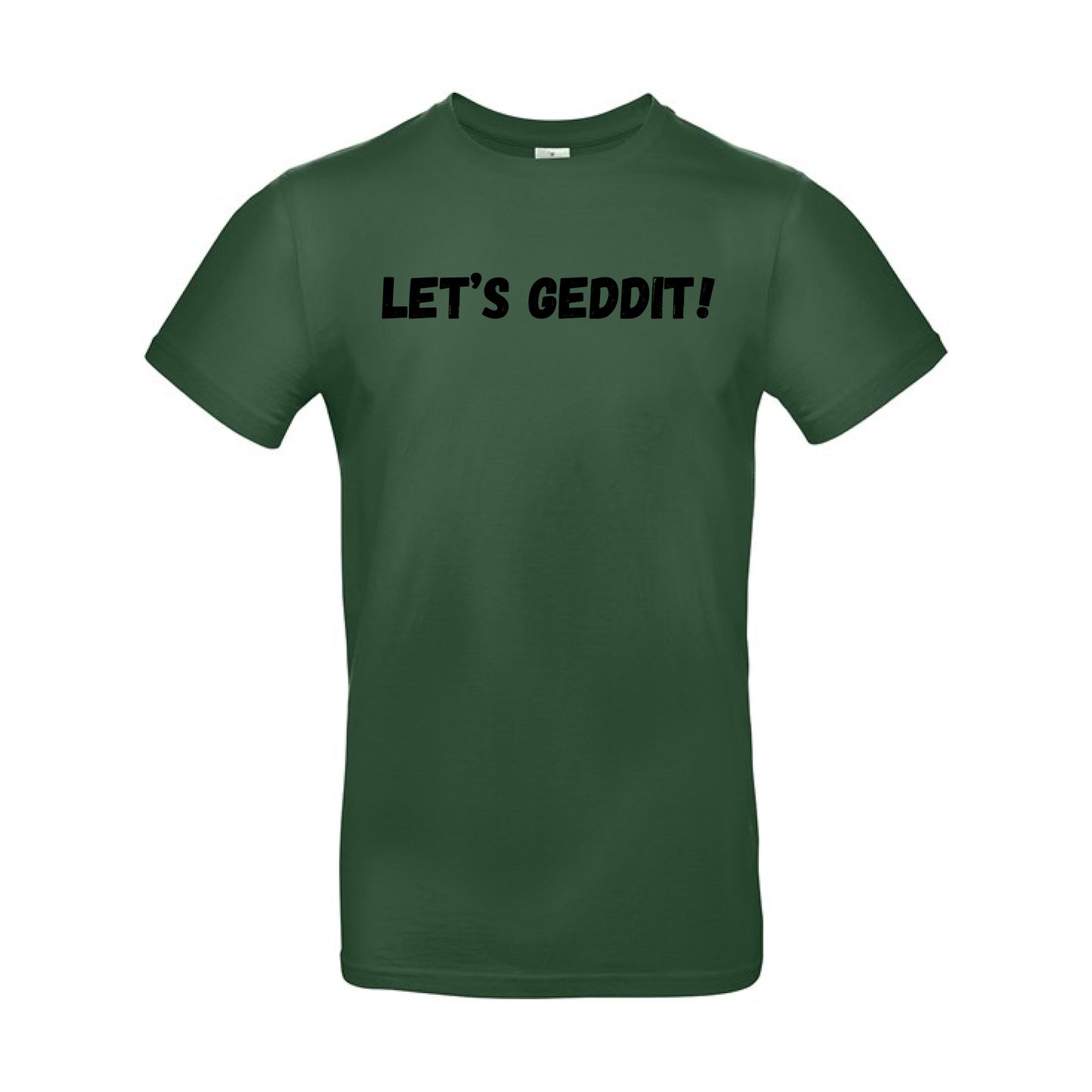 IBH T-Shirt - Black Print (£26.40 inc VAT) in LET'S GEDDIT! Bottle Green by printlab.clothing — Custom branded clothing by Print Press, featuring premium embroidery produced in our specialist print lab in the UK.