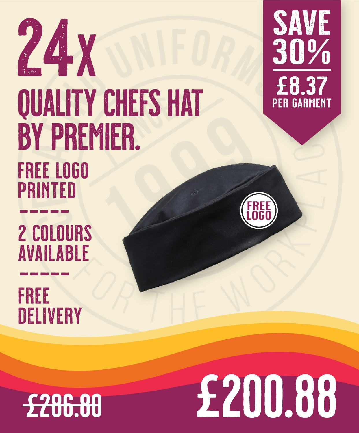 24 x Quality Chef Hats by Premier in Black by Print Lab Deals — Custom branded clothing by Print Press, featuring premium embroidery produced in our specialist print lab in the UK.