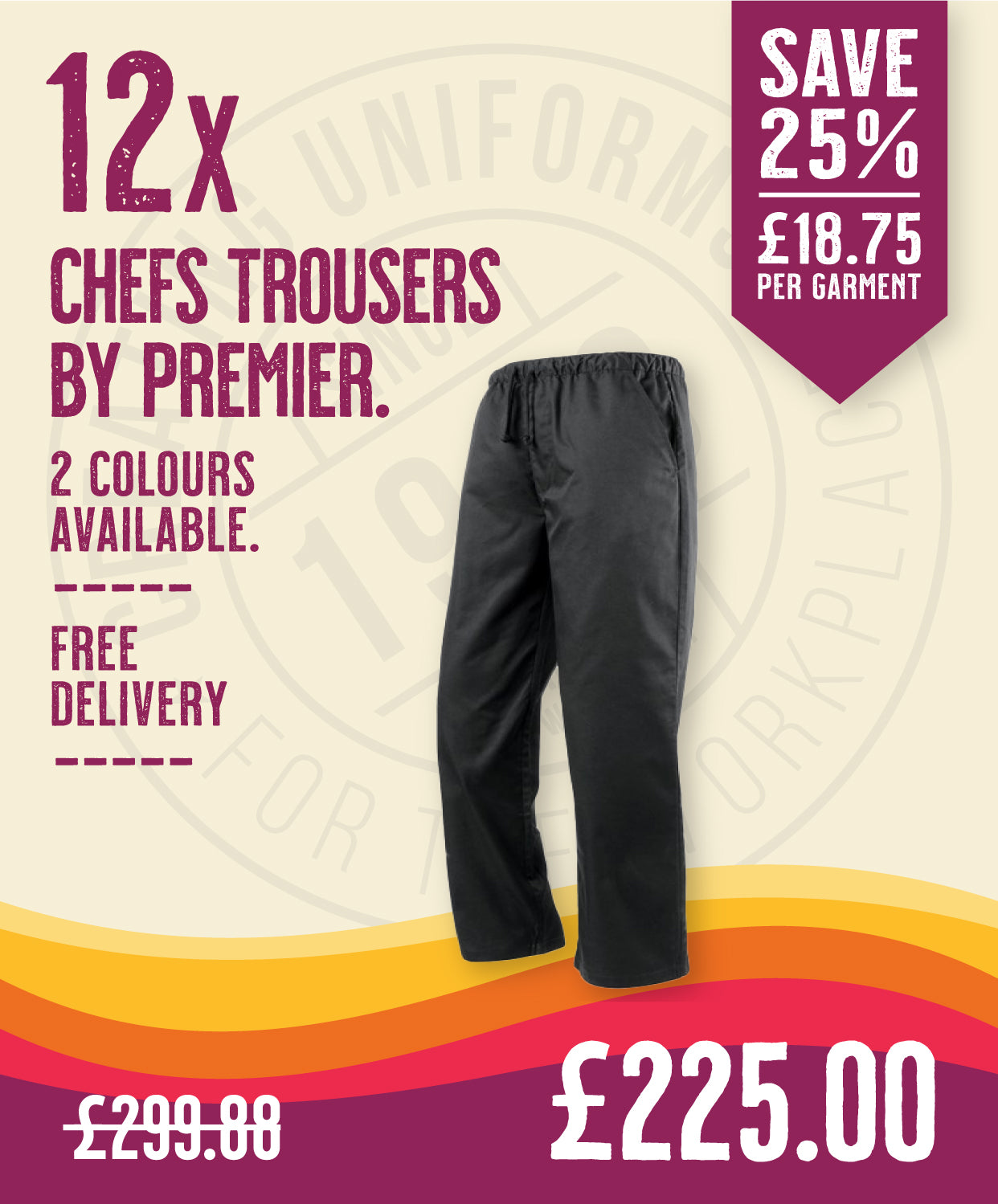 12 x Chefs Trousers By Premier in Black by Print Lab Deals — Custom branded clothing by Print Press, featuring premium embroidery produced in our specialist print lab in the UK.
