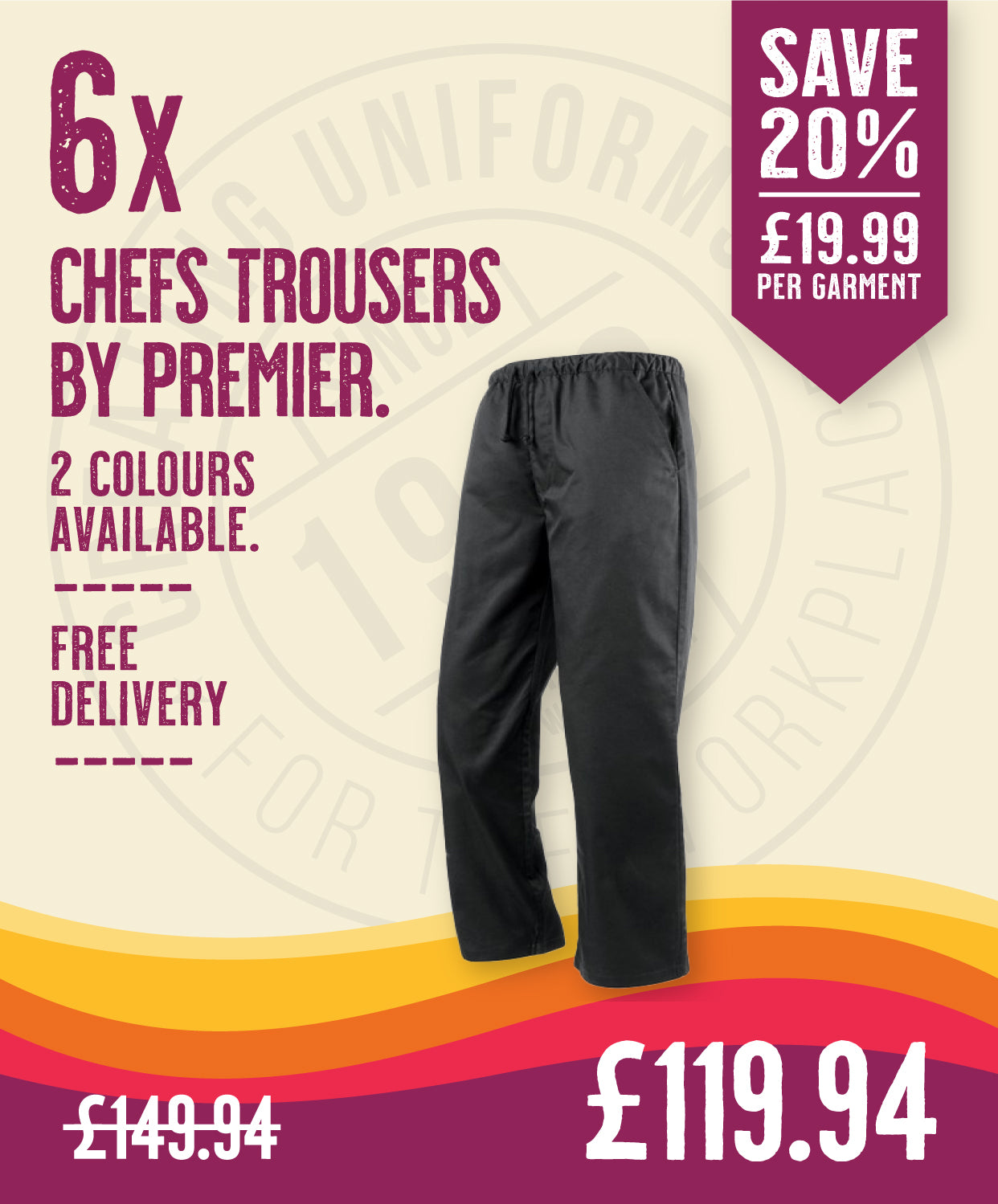 6 x Chefs Trousers By Premier in Black by Print Lab Deals — Custom branded clothing by Print Press, featuring premium embroidery produced in our specialist print lab in the UK.
