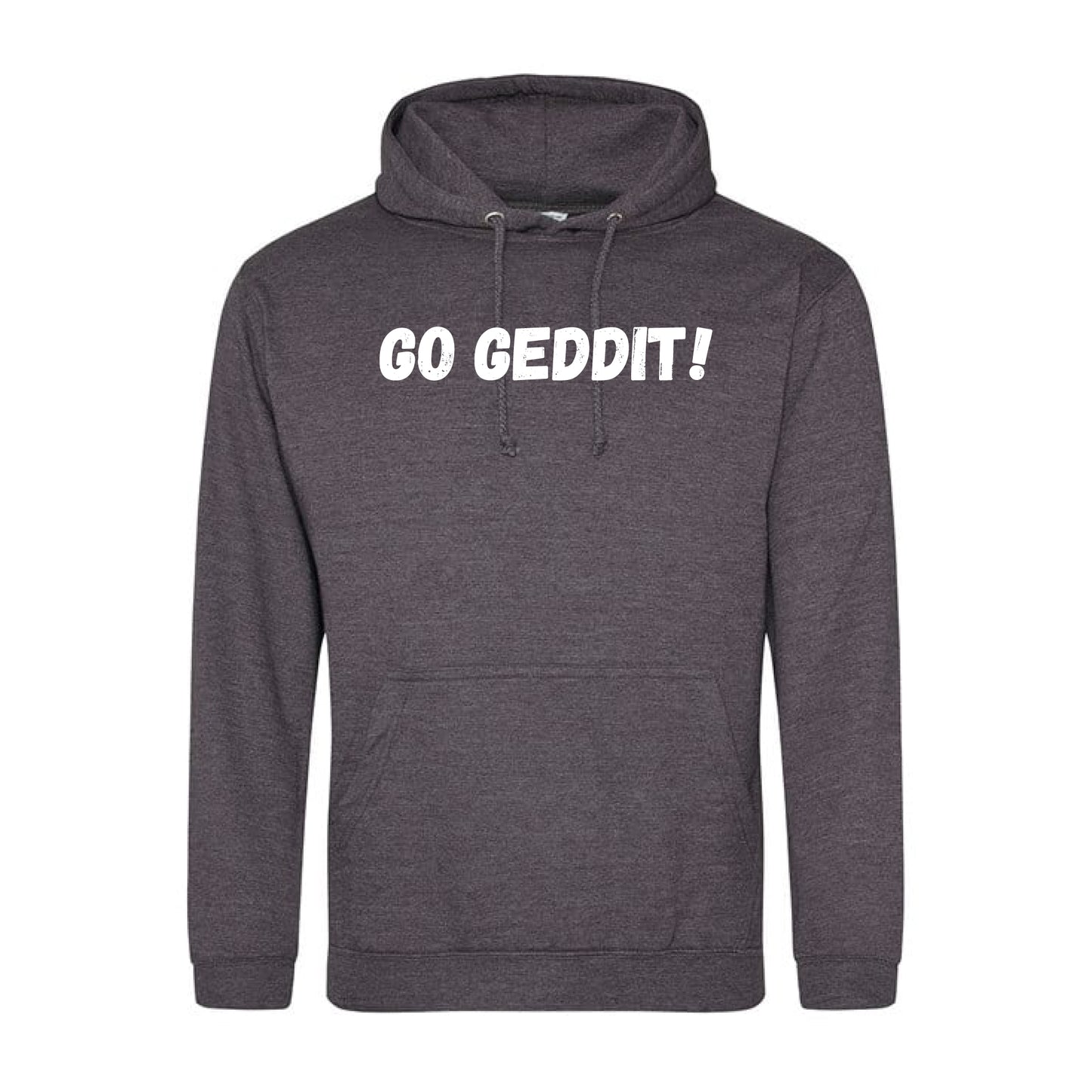 IBH Hoodie - White Print (£46.40 inc VAT) in GO GEDDIT! Charcoal by printlab.clothing — Custom branded clothing by Print Press, featuring premium embroidery produced in our specialist print lab in the UK.