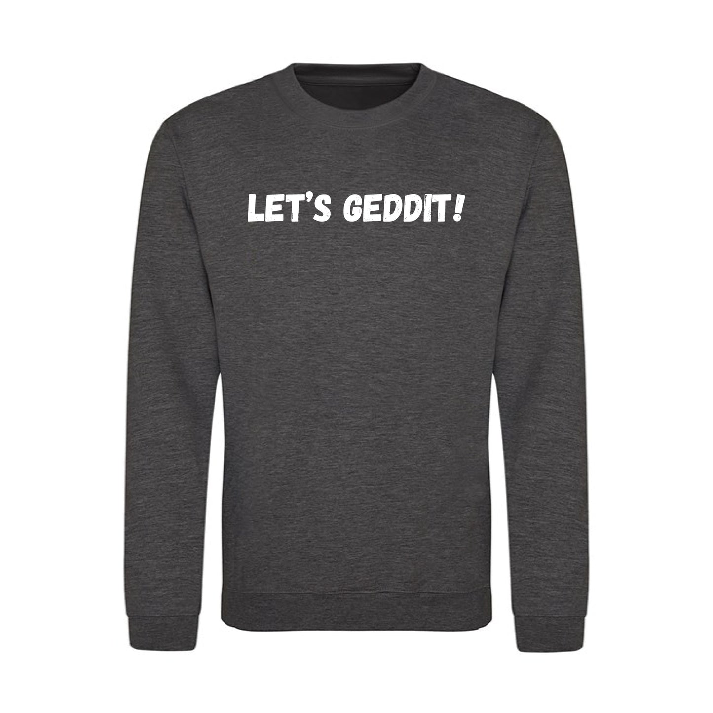 IBH Sweatshirt - White Print (£41.40 inc VAT) in LET'S GEDDIT! Charcoal by printlab.clothing — Custom branded clothing by Print Press, featuring premium embroidery produced in our specialist print lab in the UK.