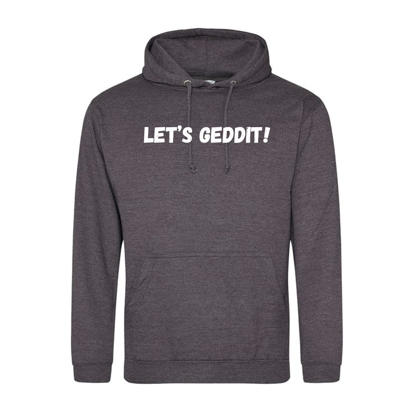 IBH Hoodie - White Print (£46.40 inc VAT) in LET'S GEDDIT! Charcoal by printlab.clothing — Custom branded clothing by Print Press, featuring premium embroidery produced in our specialist print lab in the UK.