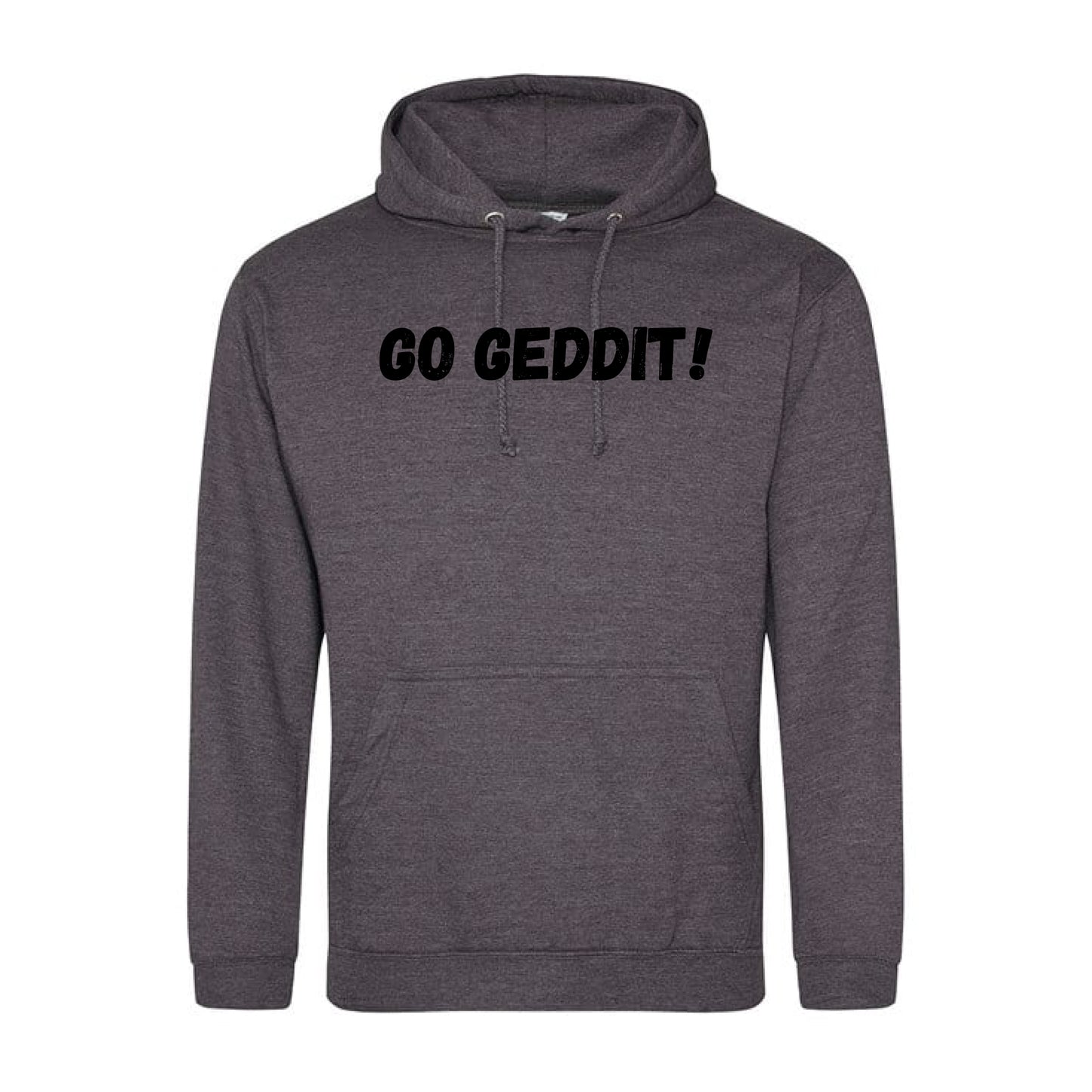 IBH Hoodie - Black Print (£46.40 inc VAT) in GO GEDDIT! Charcoal by printlab.clothing — Custom branded clothing by Print Press, featuring premium embroidery produced in our specialist print lab in the UK.