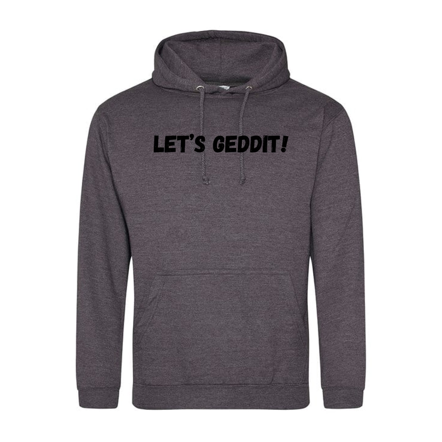 IBH Hoodie - Black Print (£46.40 inc VAT) in LET'S GEDDIT! Charcoal by printlab.clothing — Custom branded clothing by Print Press, featuring premium embroidery produced in our specialist print lab in the UK.