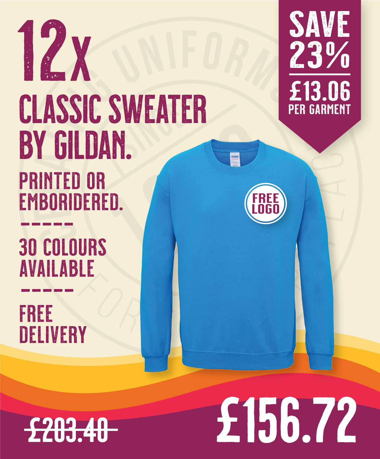 12 x Classic Sweaters by Gildan in Sapphire by Print Lab Deals — Custom branded clothing by Print Press, featuring premium embroidery produced in our specialist print lab in the UK.