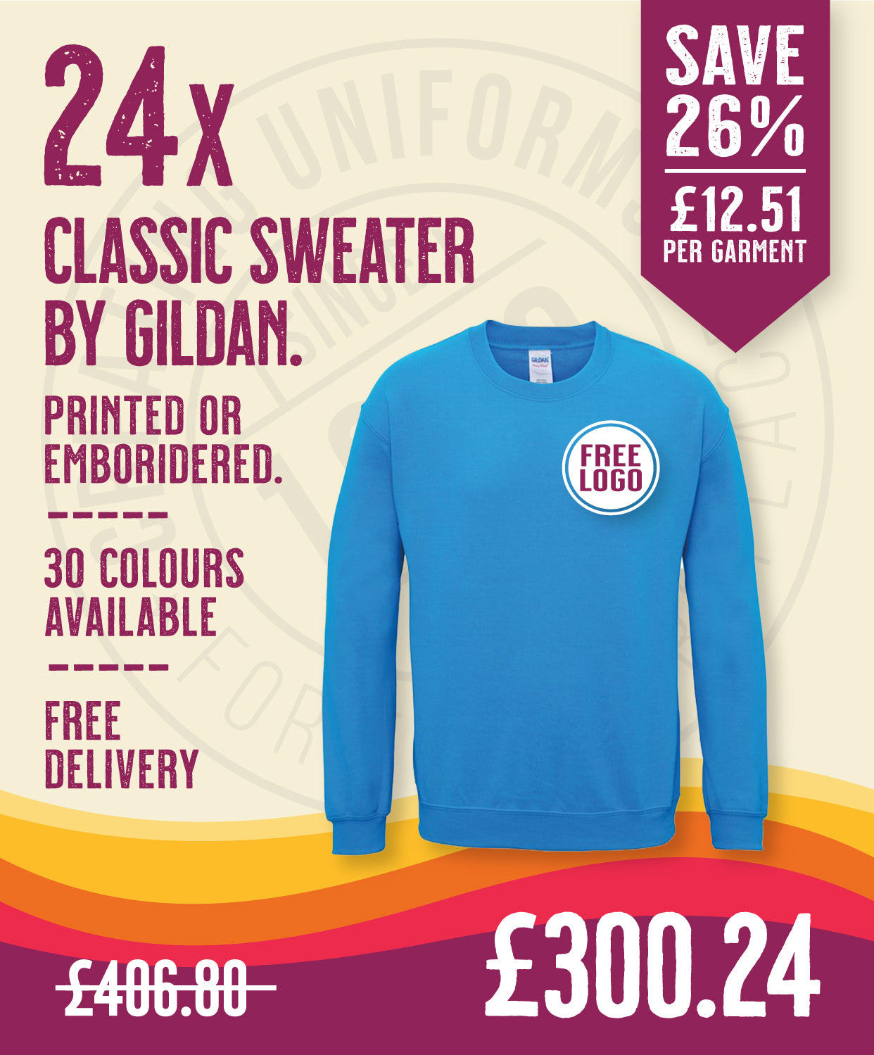 24 x Classic Sweaters by Gildan in Sapphire by Print Lab Deals — Custom branded clothing by Print Press, featuring premium embroidery produced in our specialist print lab in the UK.