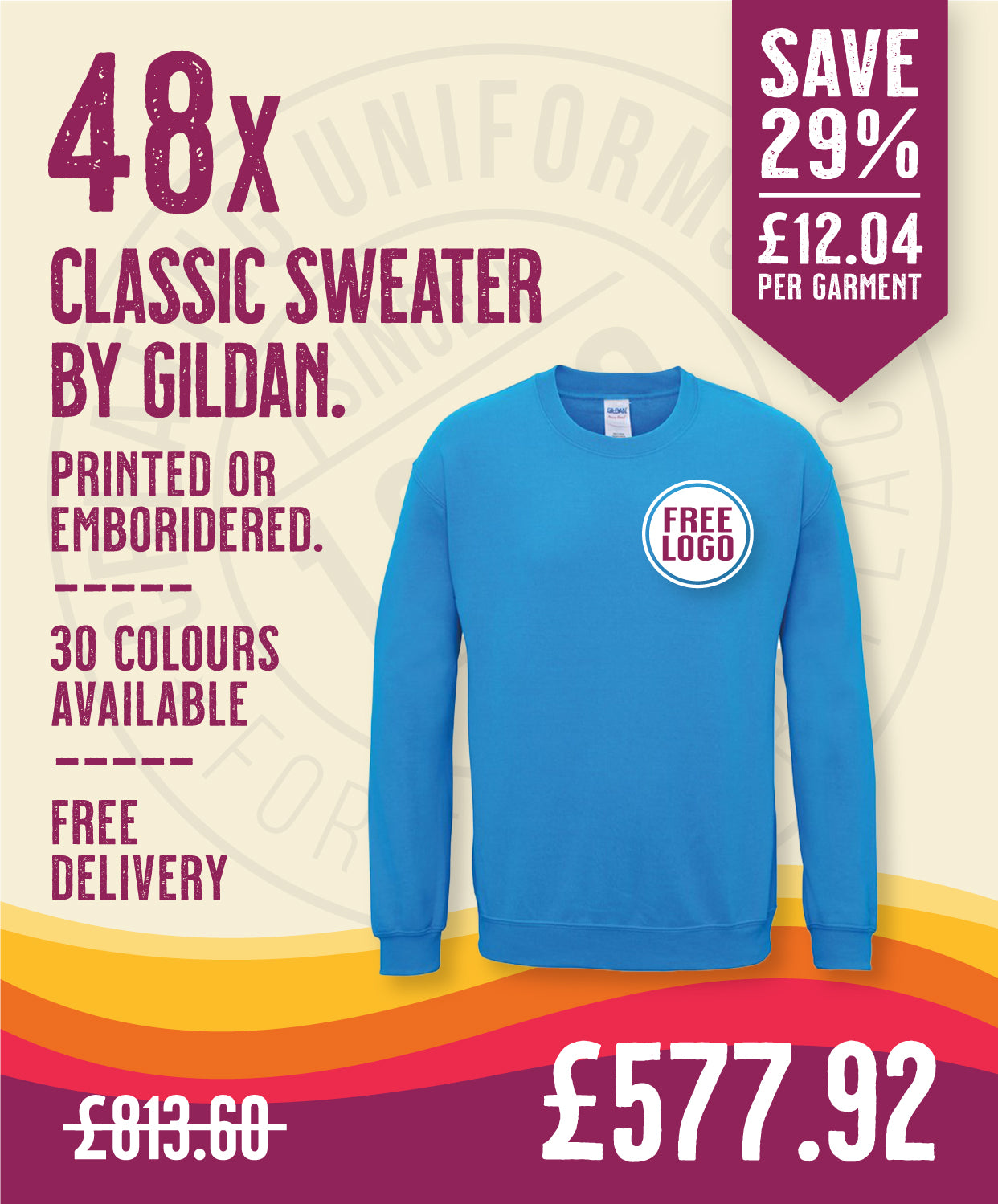48 x Classic Sweaters by Gildan in Sapphire by Print Lab Deals — Custom branded clothing by Print Press, featuring premium embroidery produced in our specialist print lab in the UK.