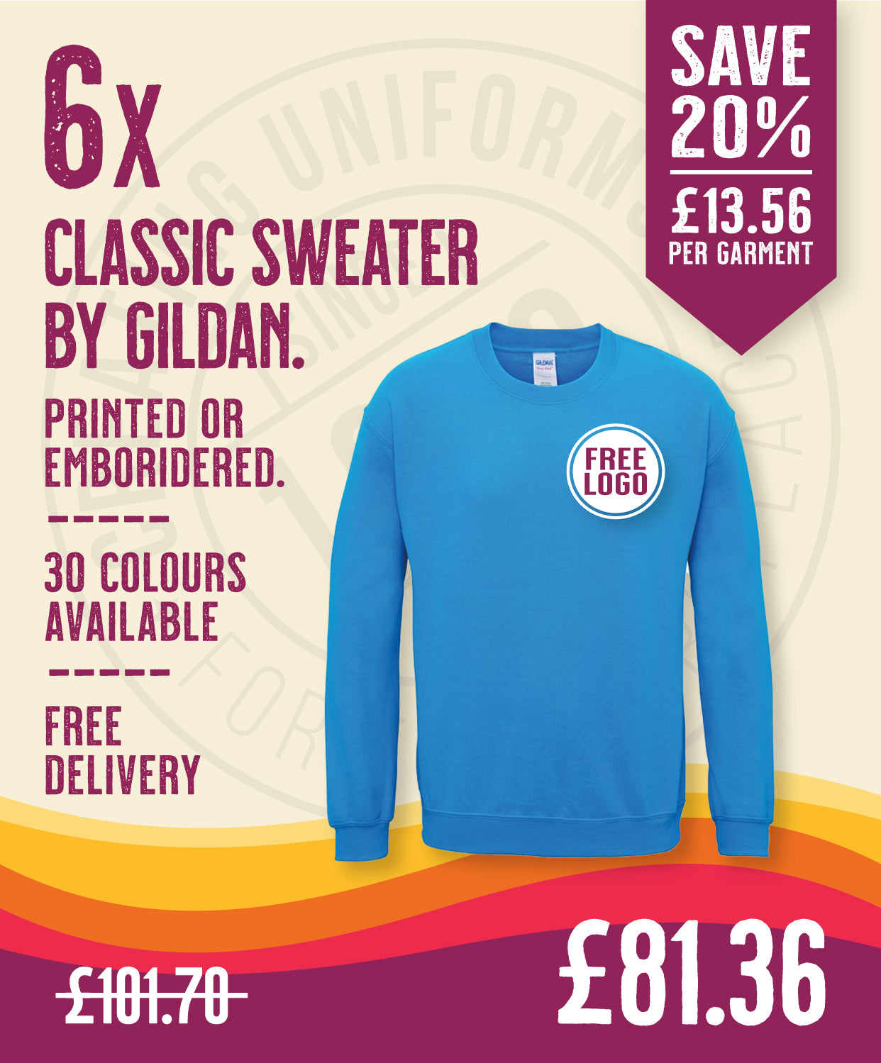 6 x Classic Sweaters by Gildan in Sapphire by Print Lab Deals — Custom branded clothing by Print Press, featuring premium embroidery produced in our specialist print lab in the UK.