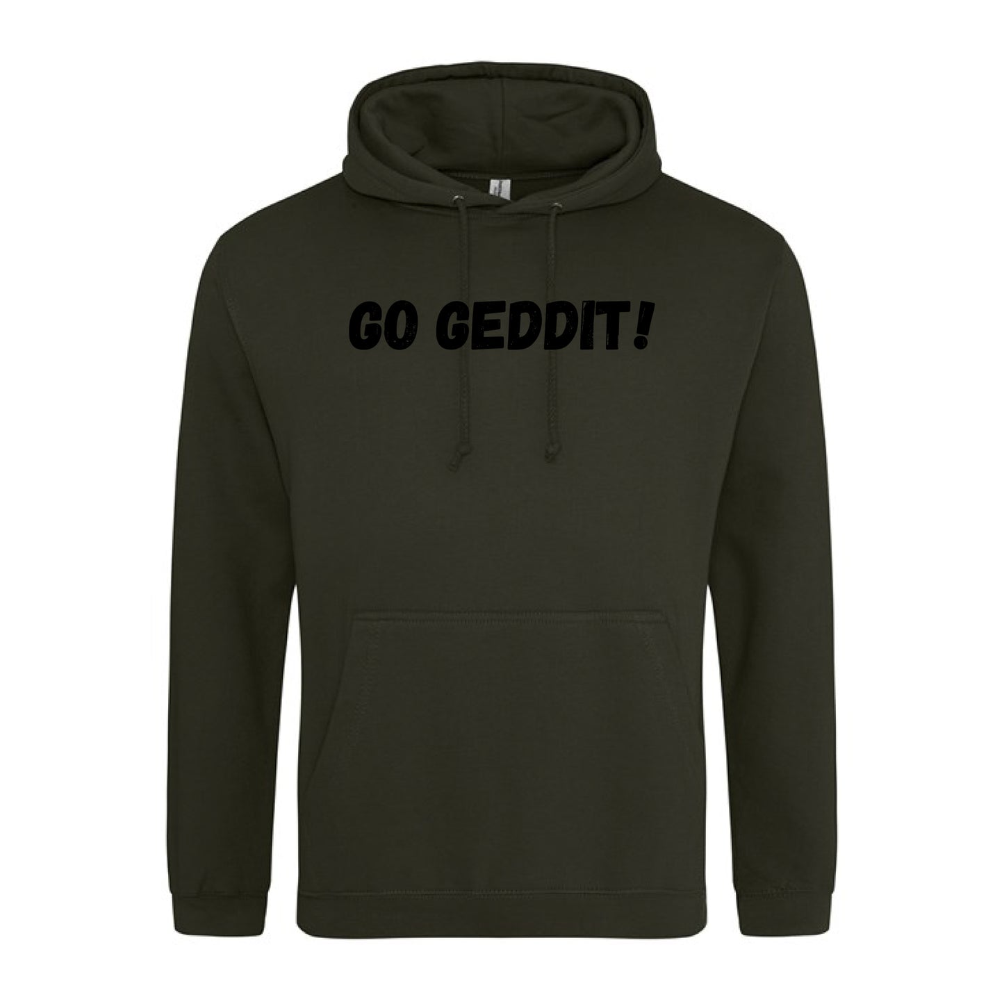 IBH Hoodie - Black Print (£46.40 inc VAT) in GO GEDDIT! Combat Green by printlab.clothing — Custom branded clothing by Print Press, featuring premium embroidery produced in our specialist print lab in the UK.