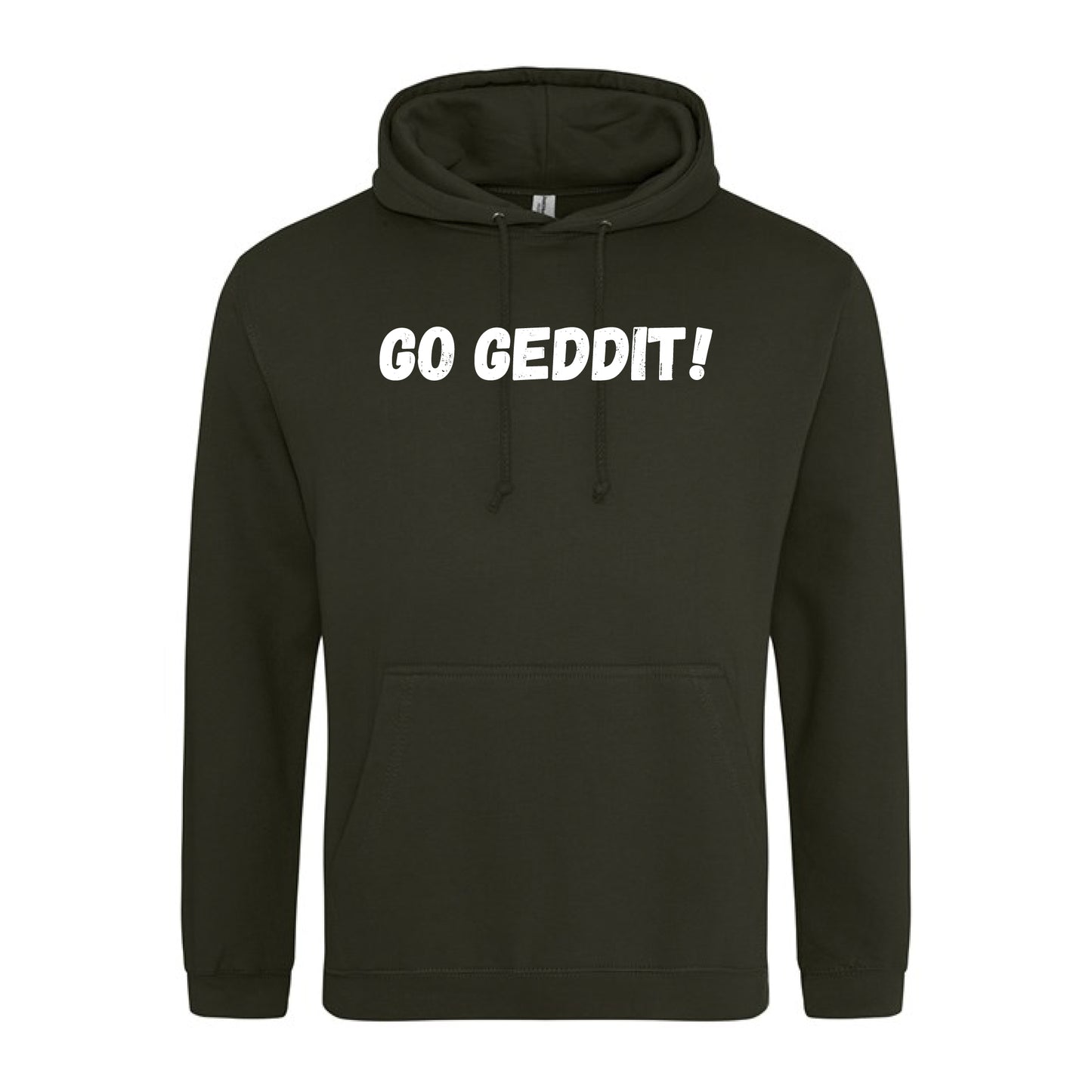 IBH Hoodie - White Print (£46.40 inc VAT) in GO GEDDIT! Combat Green by printlab.clothing — Custom branded clothing by Print Press, featuring premium embroidery produced in our specialist print lab in the UK.