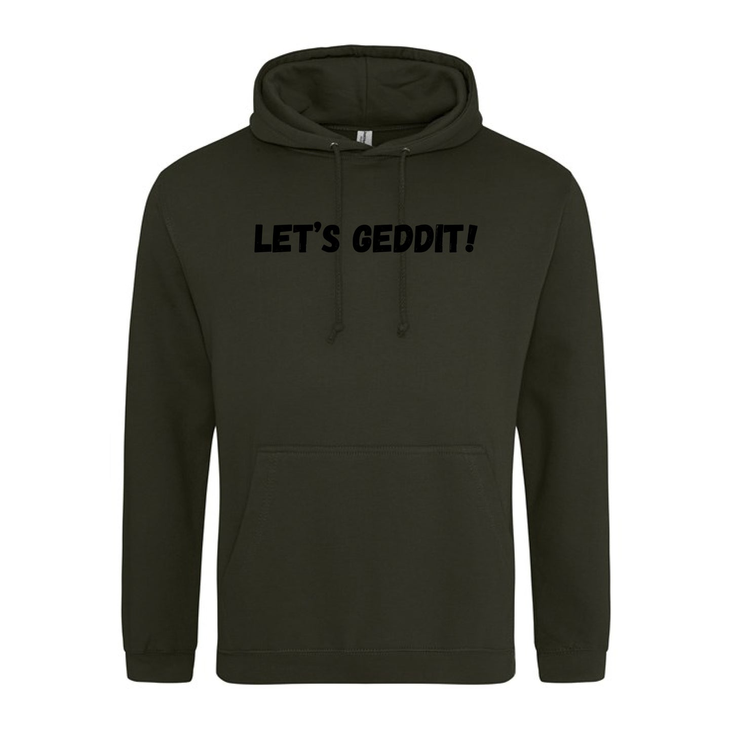 IBH Hoodie - Black Print (£46.40 inc VAT) in LET'S GEDDIT! Combat Green by printlab.clothing — Custom branded clothing by Print Press, featuring premium embroidery produced in our specialist print lab in the UK.