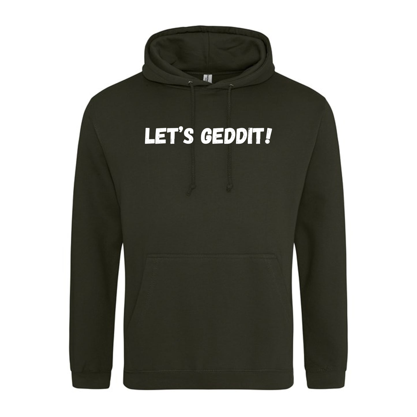 IBH Hoodie - White Print (£46.40 inc VAT) in LET'S GEDDIT! Combat Green by printlab.clothing — Custom branded clothing by Print Press, featuring premium embroidery produced in our specialist print lab in the UK.