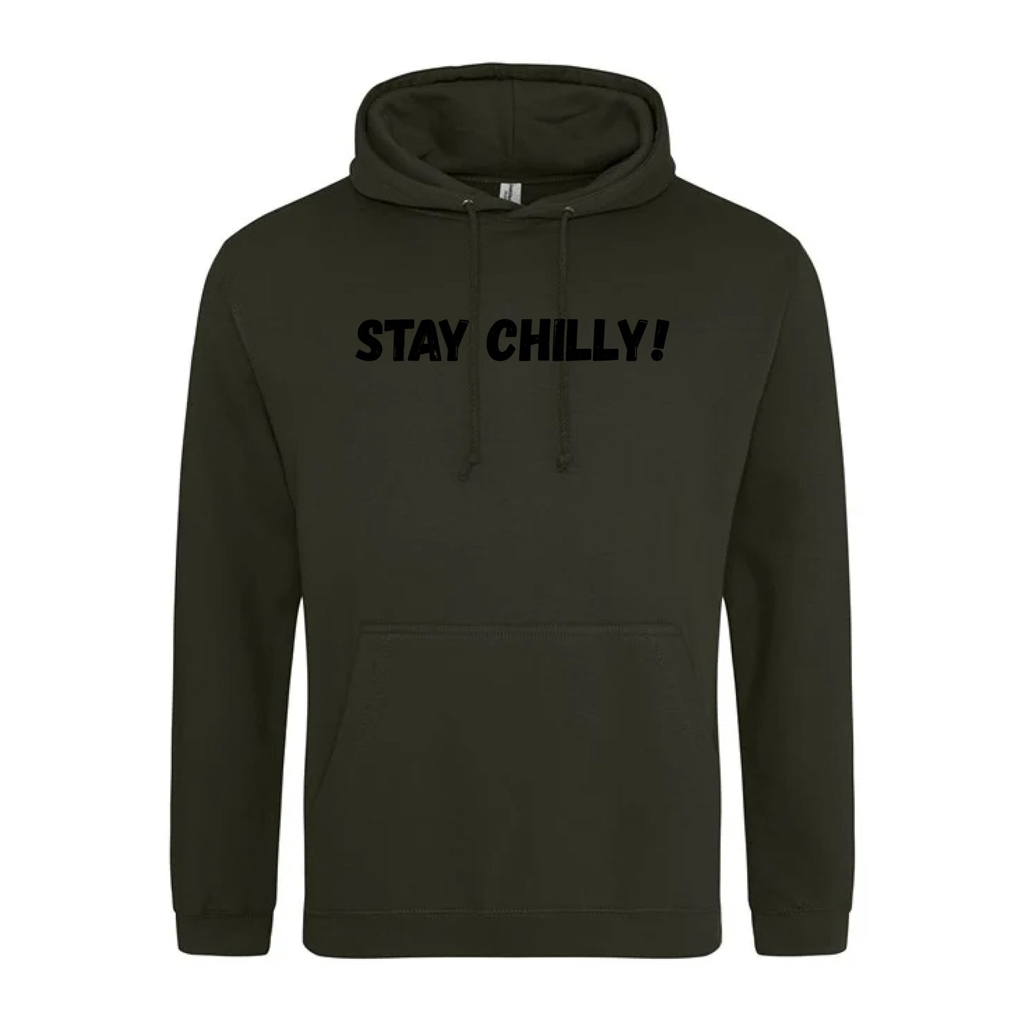 IBH Stay Chilly! Hoodie - Black Print (£46.40 inc VAT) in STAY CHILLY! Combat Green by printlab.clothing — Custom branded clothing by Print Press, featuring premium embroidery produced in our specialist print lab in the UK.