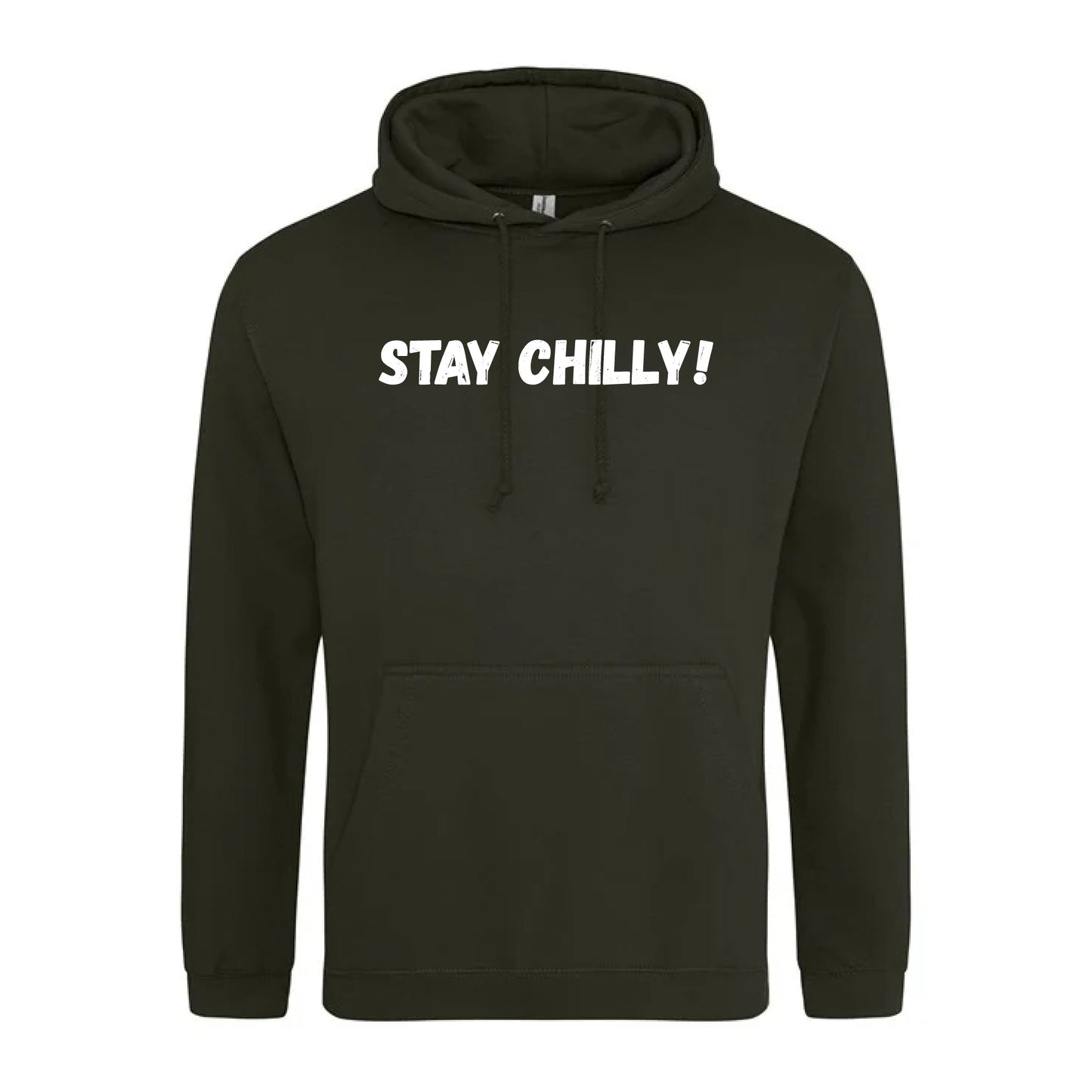 IBH Stay Chilly! Hoodie - White Print (£46.40 inc VAT) in STAY CHILLY! Combat Green by printlab.clothing — Custom branded clothing by Print Press, featuring premium embroidery produced in our specialist print lab in the UK.