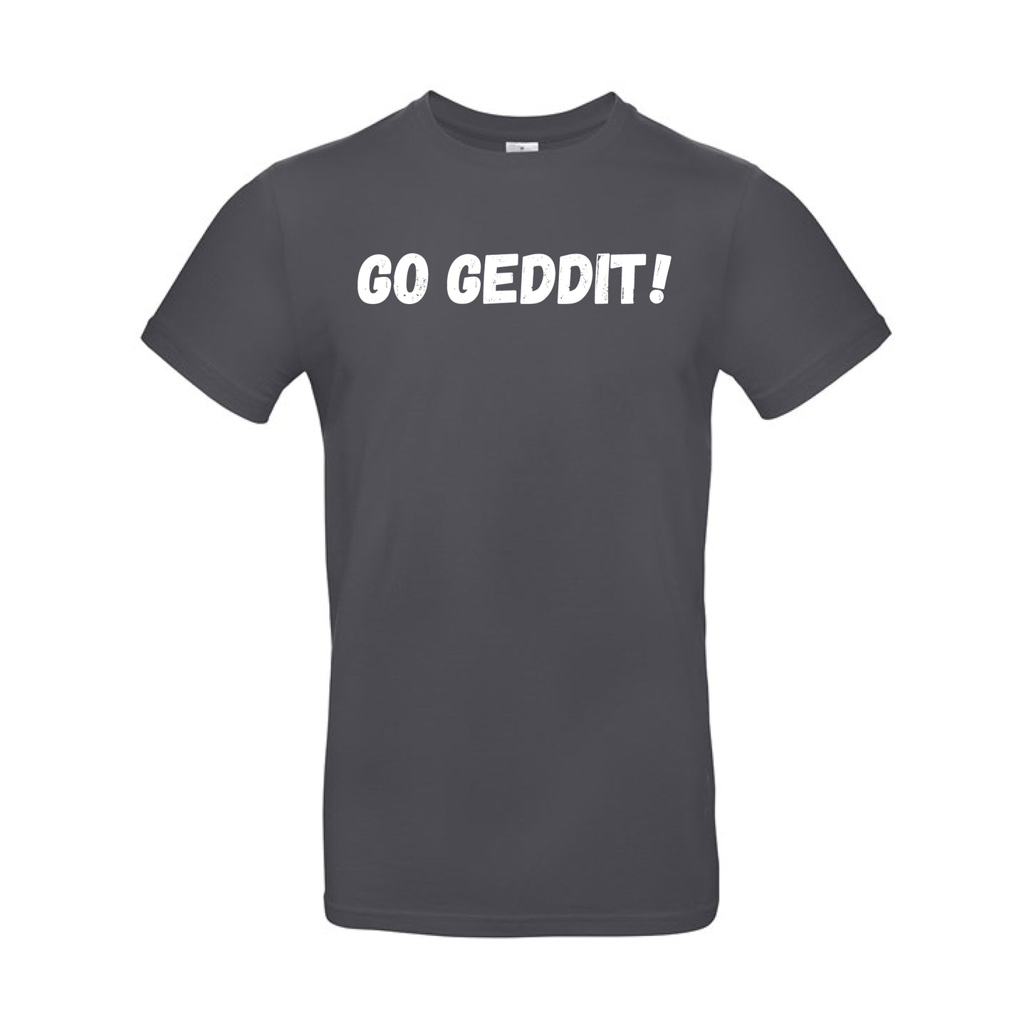 IBH T-Shirt - White Print (£26.40 inc VAT) in GO GEDDIT! Dark Grey by printlab.clothing — Custom branded clothing by Print Press, featuring premium embroidery produced in our specialist print lab in the UK.