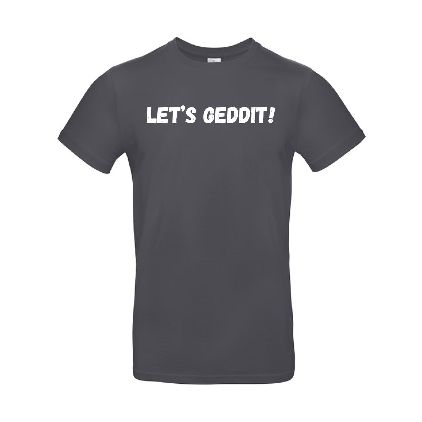 IBH T-Shirt - White Print (£26.40 inc VAT) in LET'S GEDDIT! Dark Grey by printlab.clothing — Custom branded clothing by Print Press, featuring premium embroidery produced in our specialist print lab in the UK.