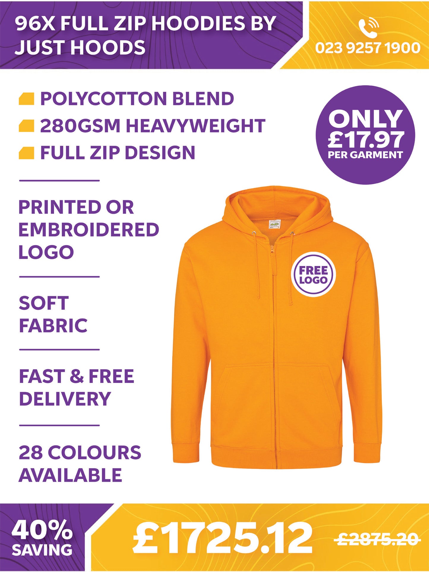 96 x Full Zip Hoodies by Just Hoods