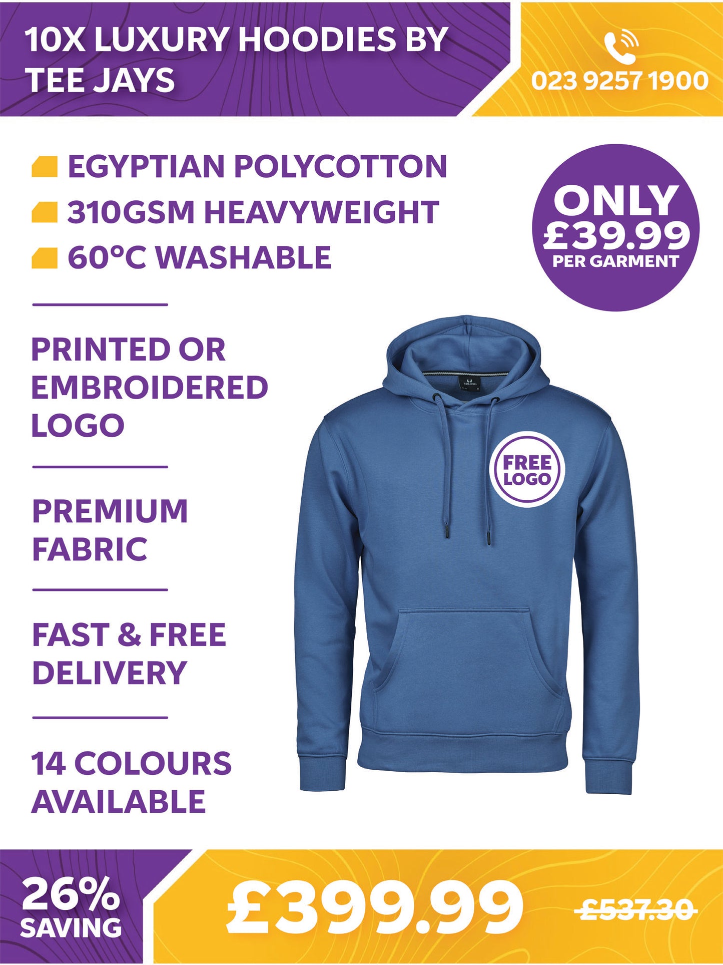 10 x Luxury Hooded Sweatshirts by Tee Jays