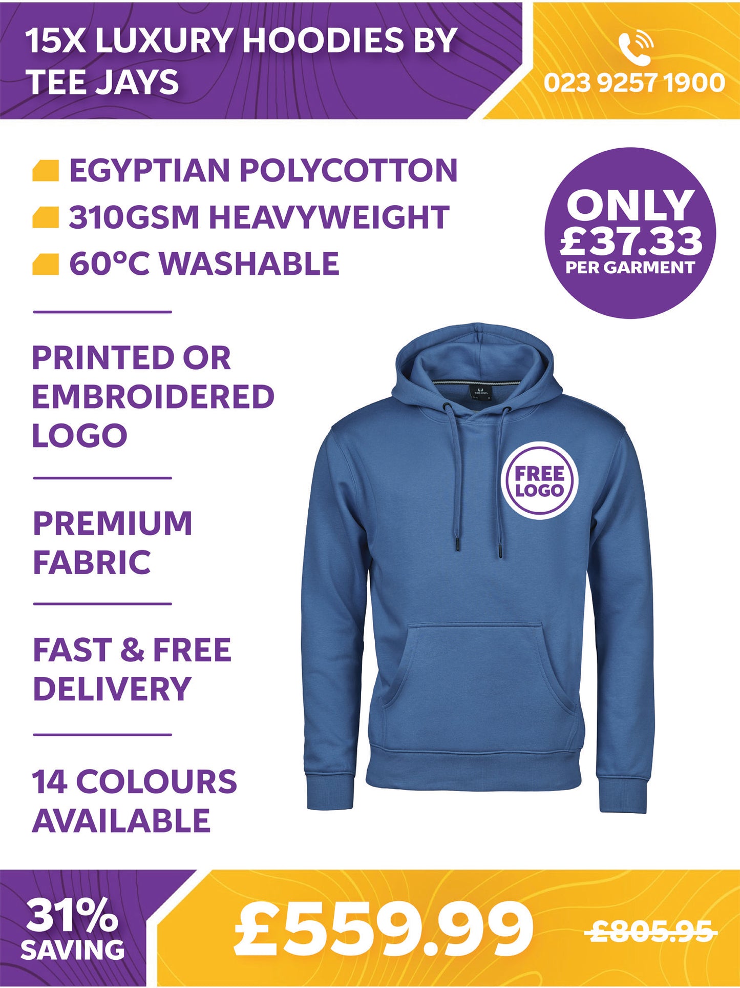 15 x Luxury Hooded Sweatshirts by Tee Jays