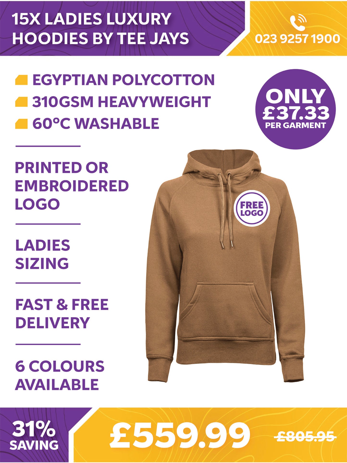 15 x Ladies Luxury Hooded Sweatshirts by Tee Jays