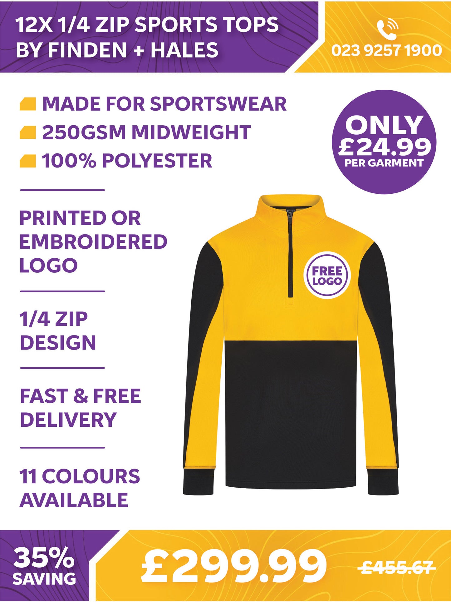 12 x 1/4 Zip Sports Tops by Finden + Hales