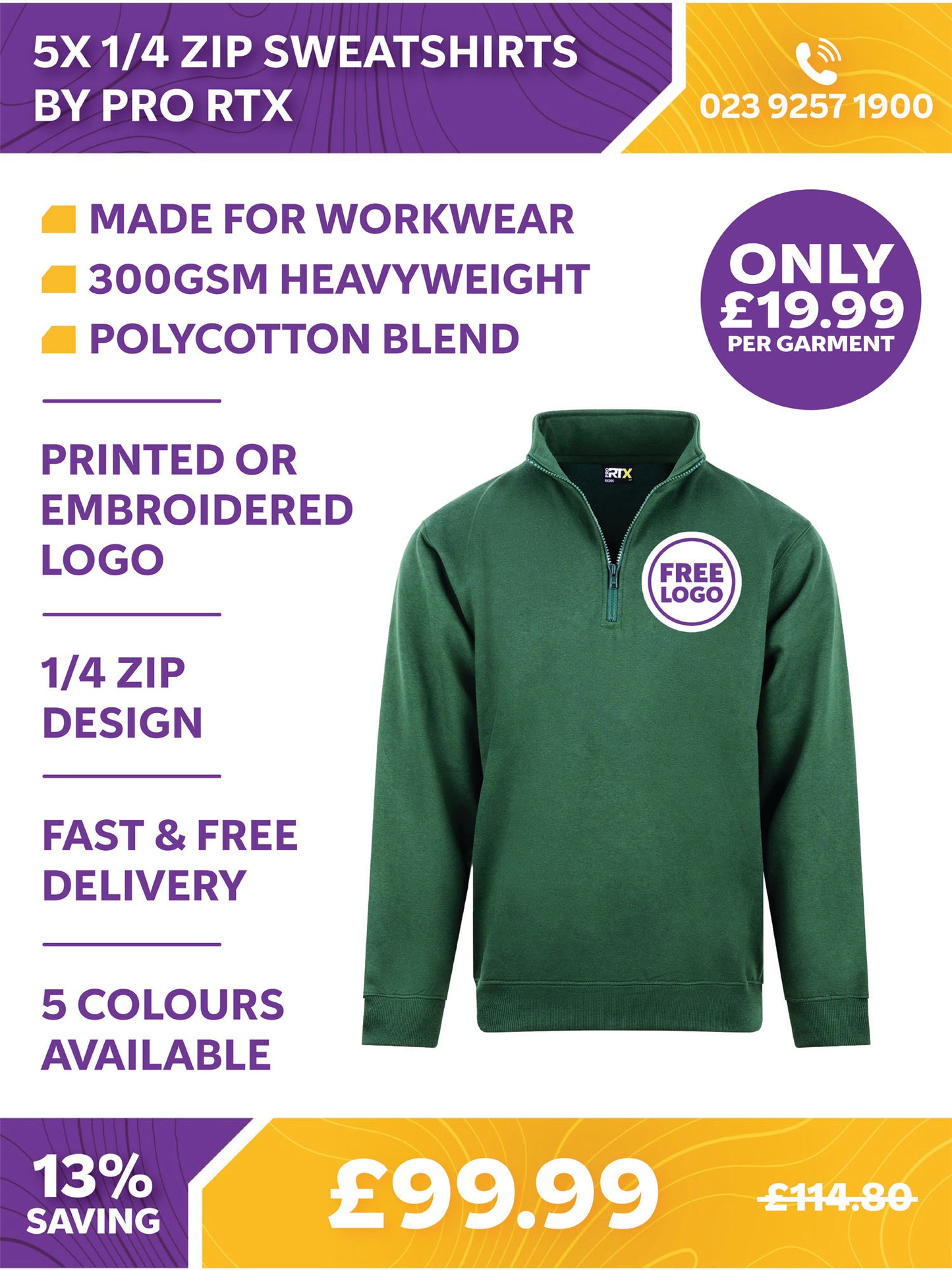 5 x 1/4 Zip Sweatshirts by Pro RTX